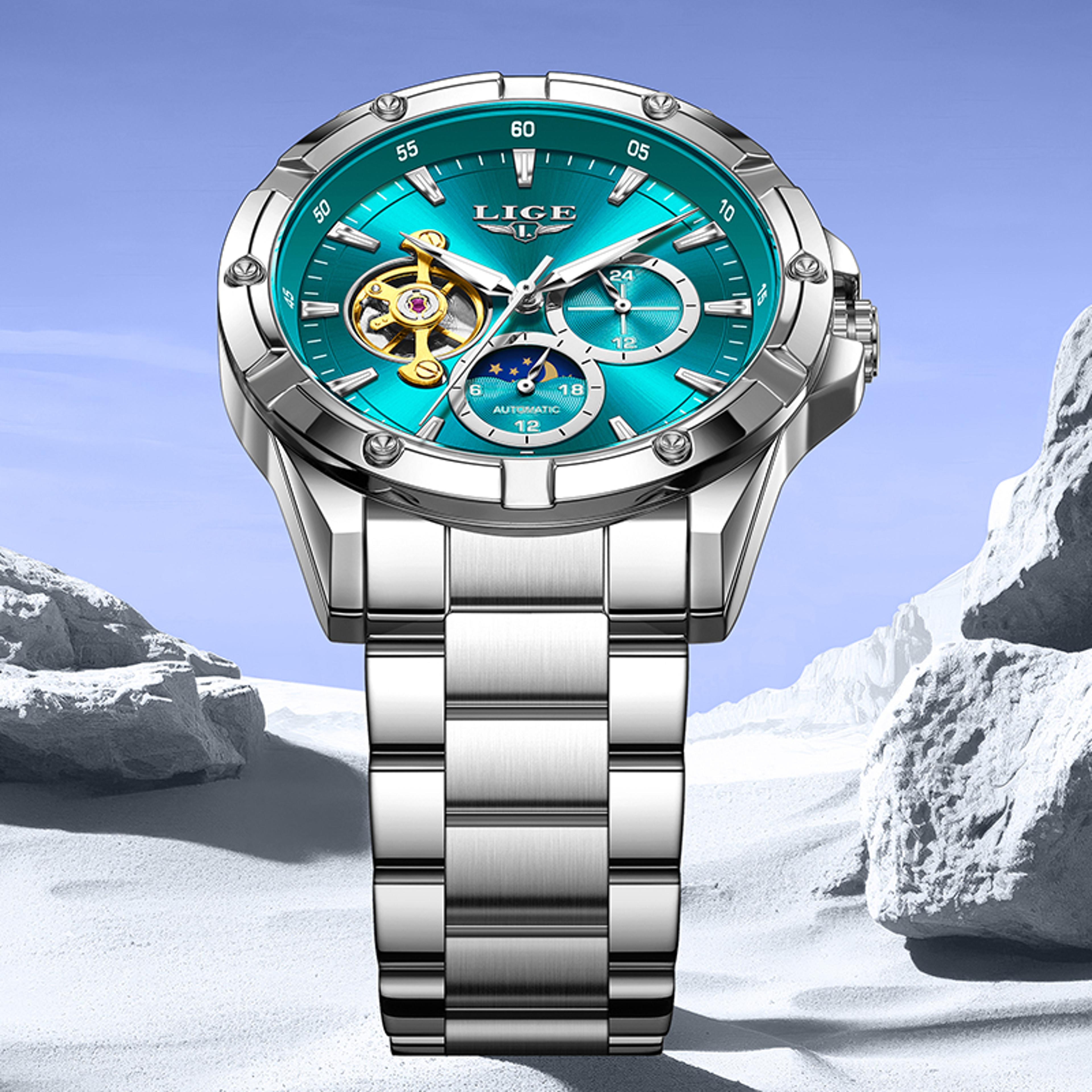 mens automatic mechanical watch stainless steel waterproof business sports wristwatch