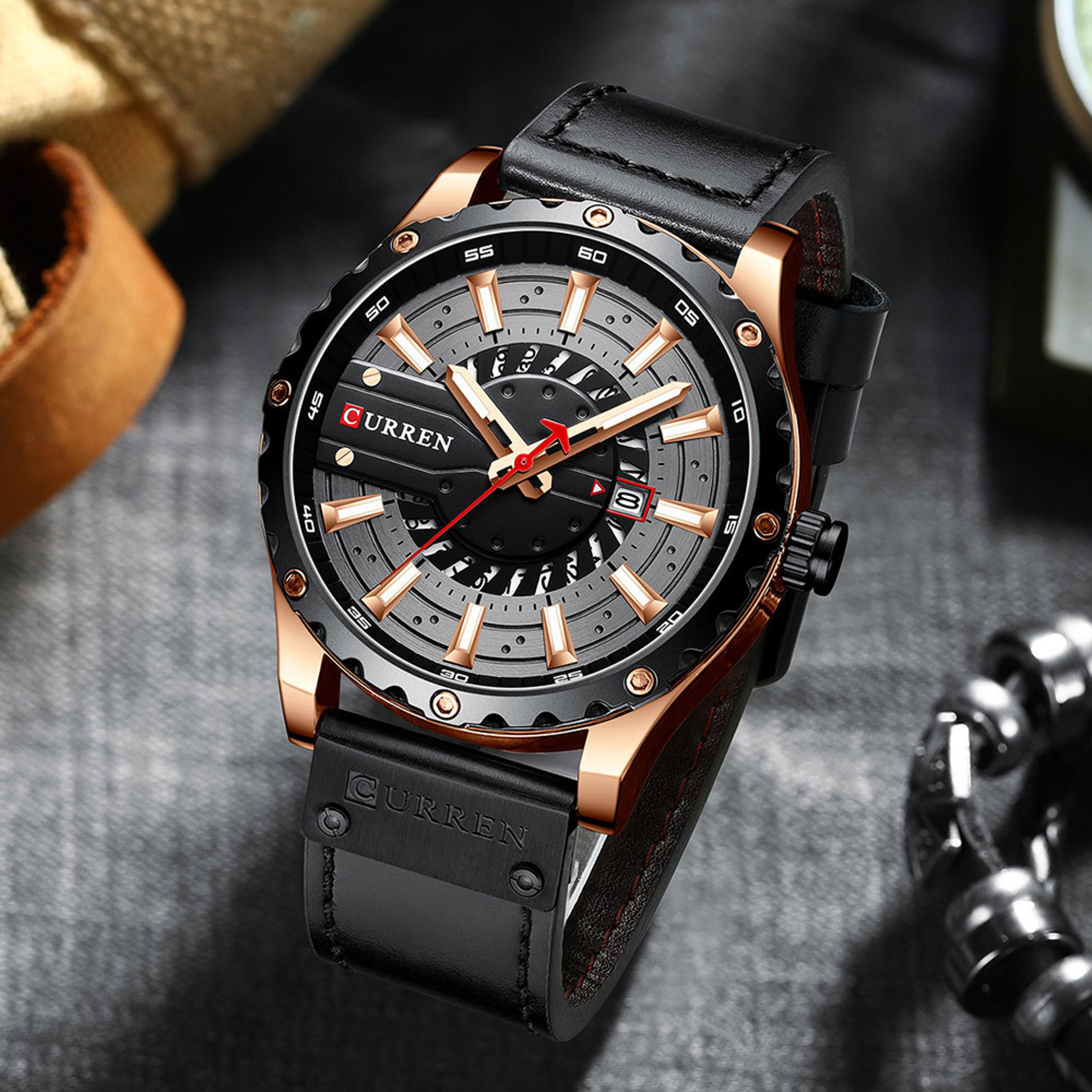 classic luminous men quartz watch with leather strap and calendar display