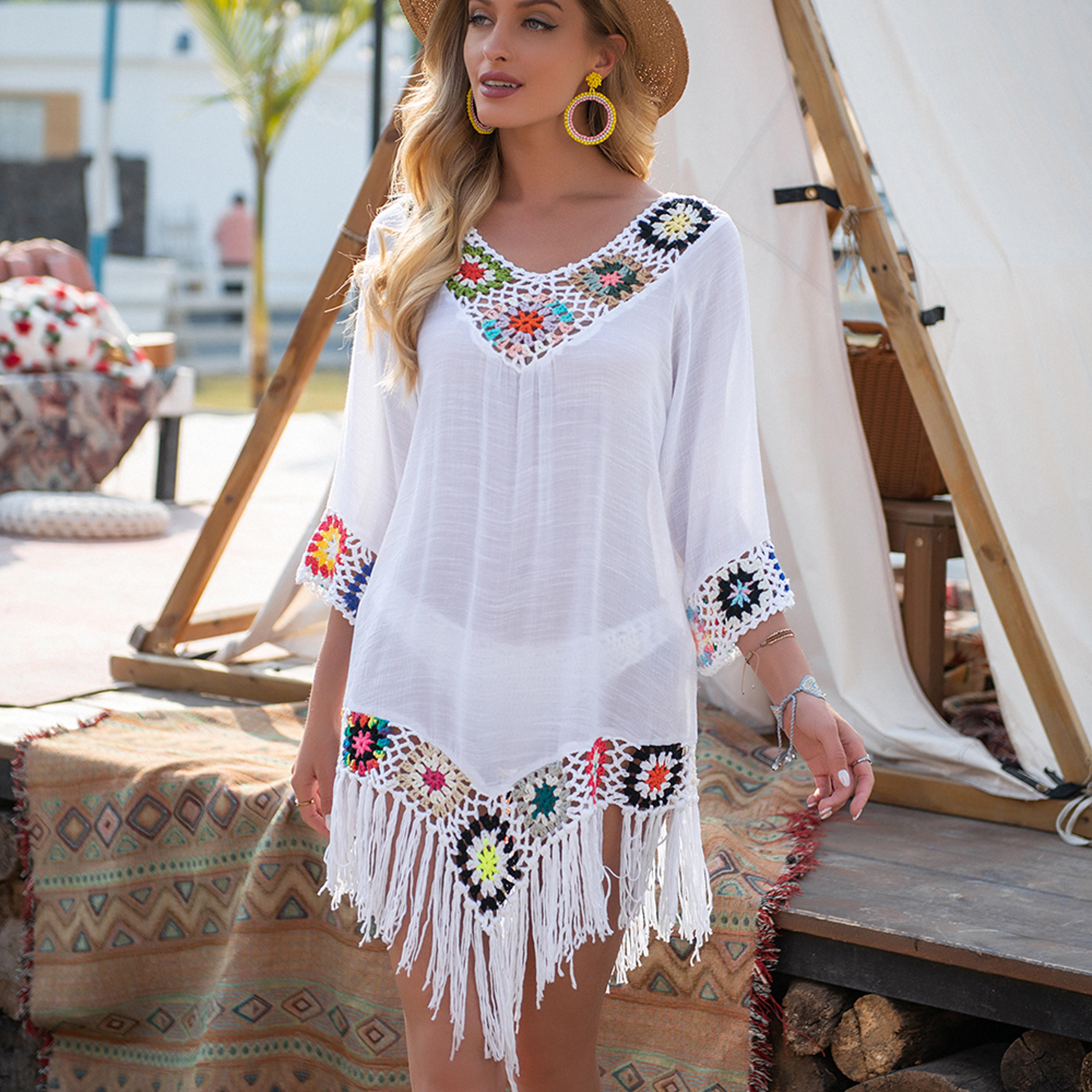 white crochet bikini cover up fringe beach dress for women
