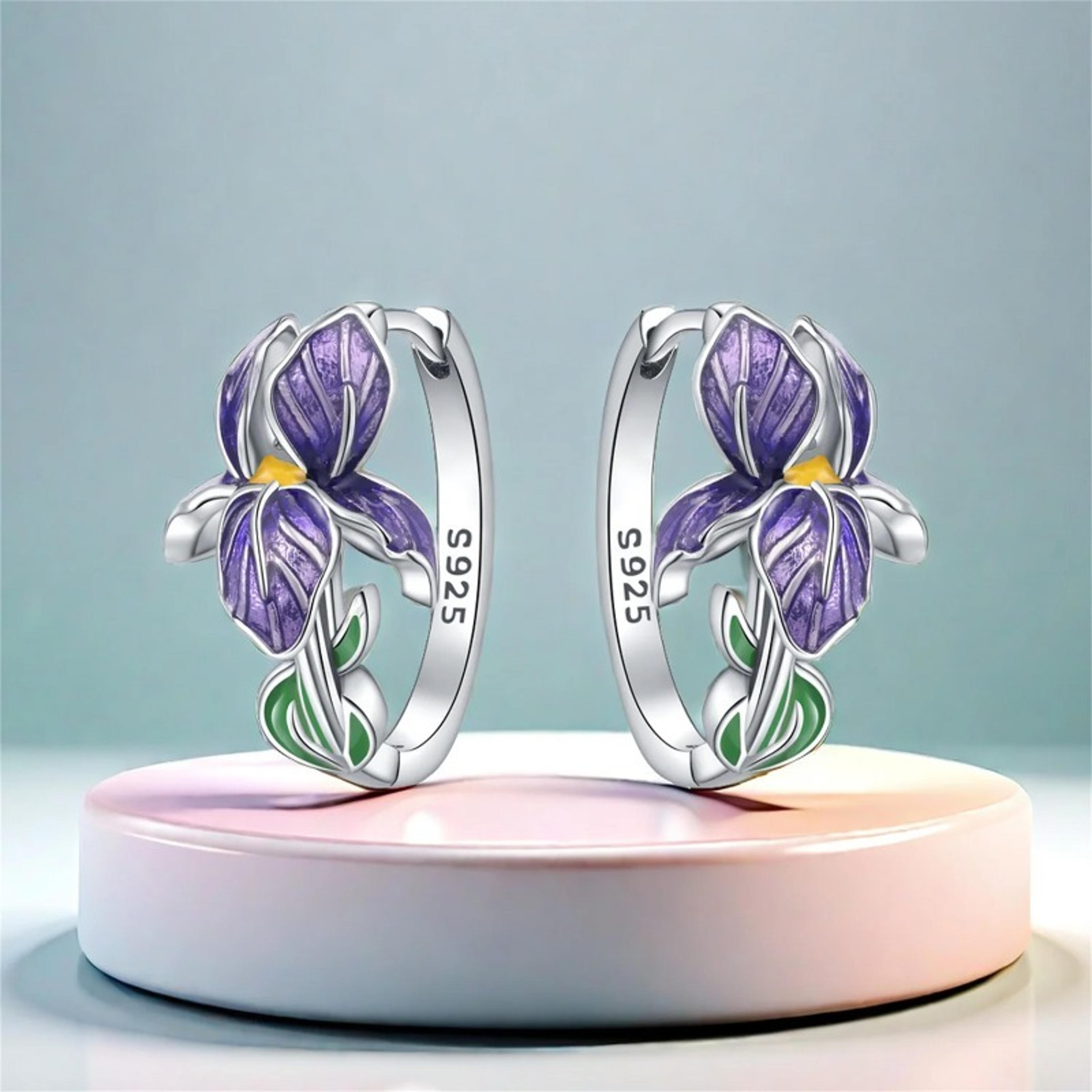sterling silver purple iris flower earrings for women