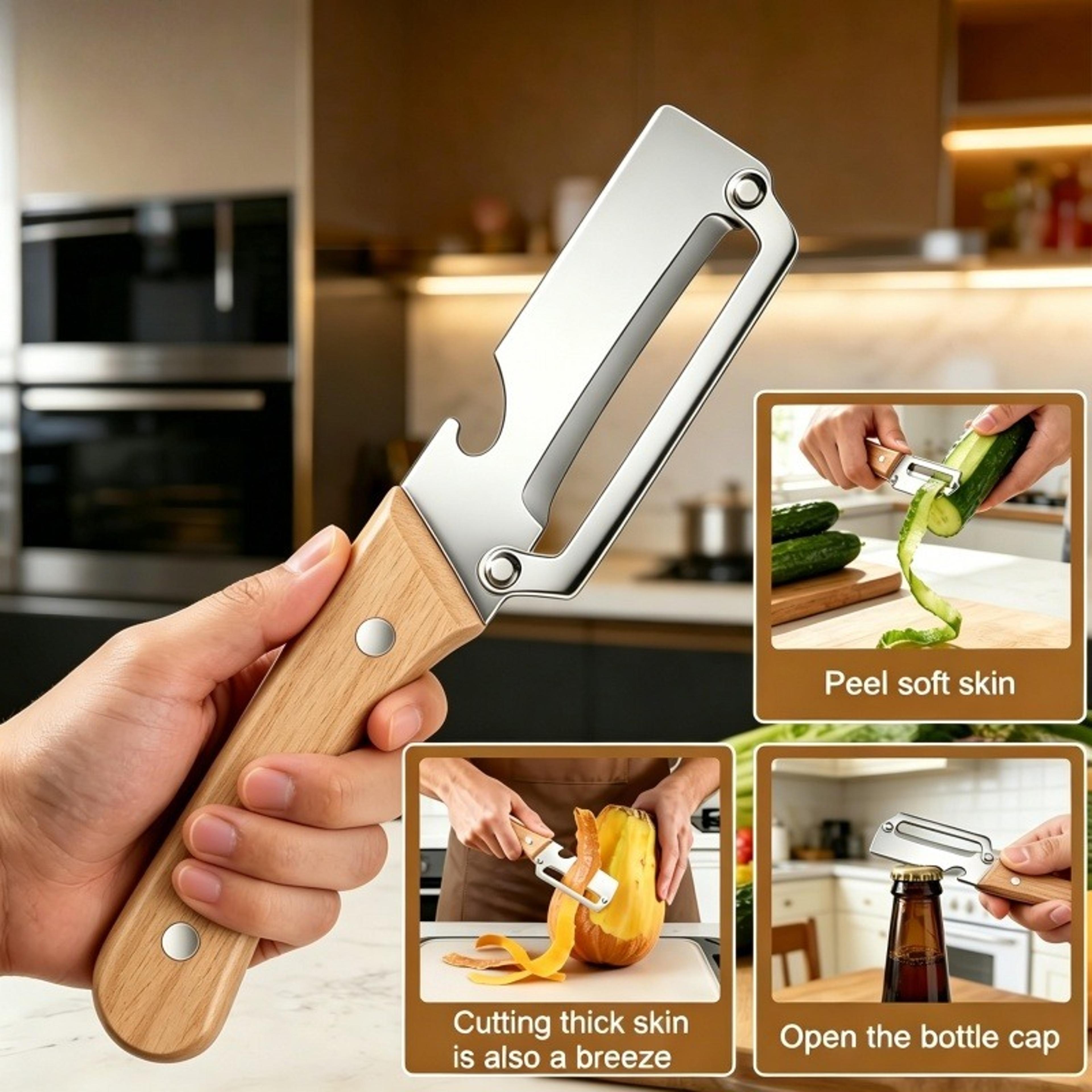 stainless steel vegetable peeler with wooden handle bottle opener