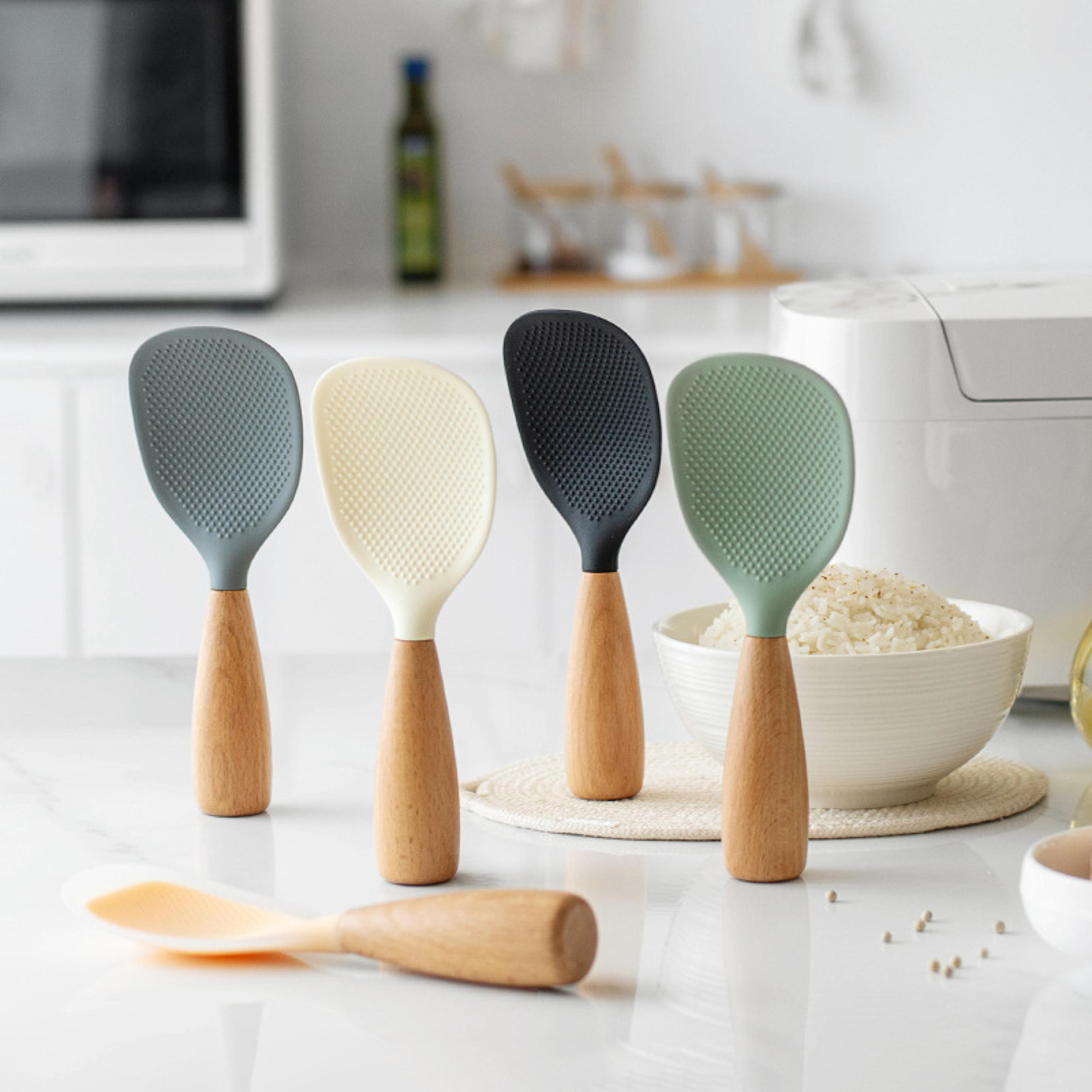 wooden handle silicone rice spoon non stick rice paddle for rice cooker