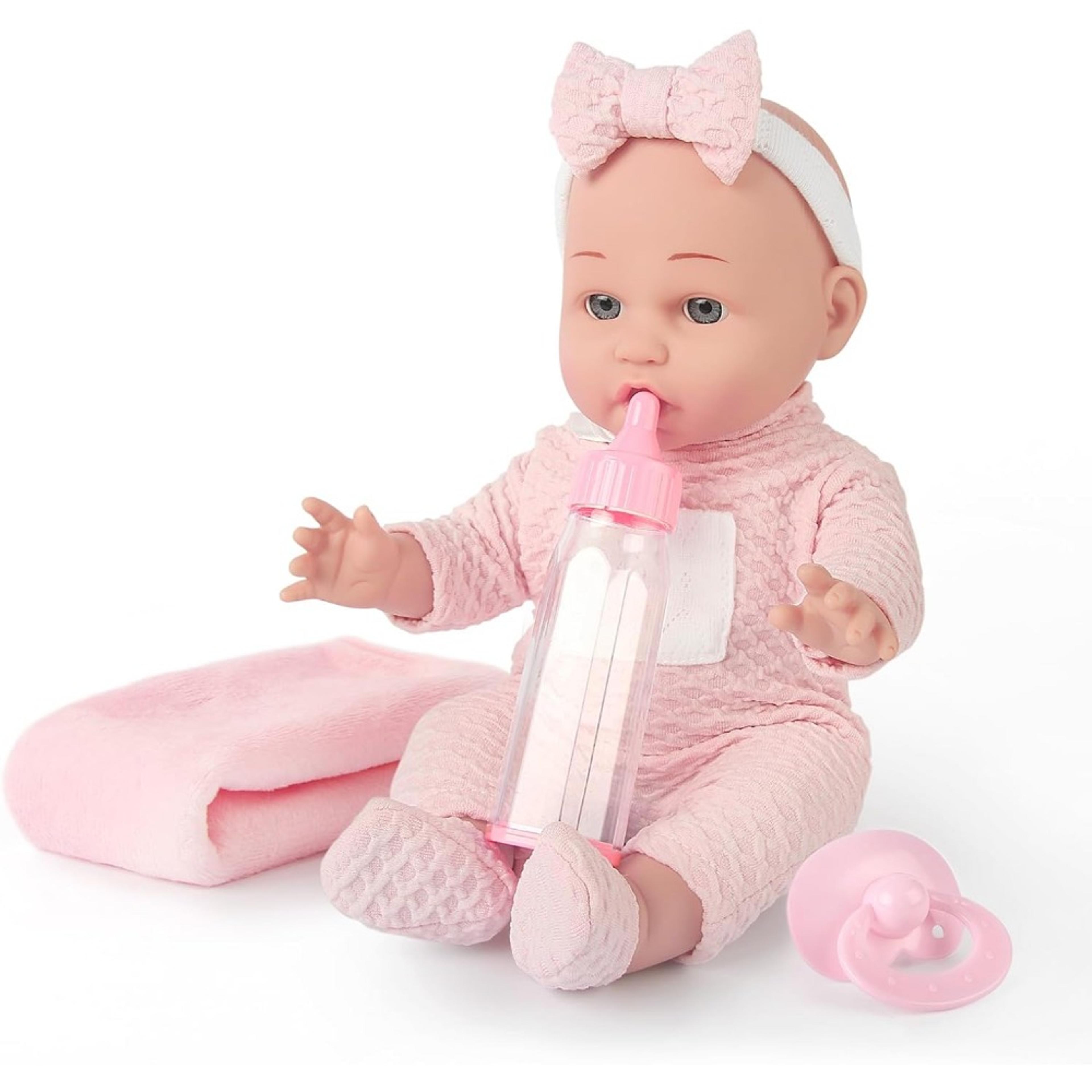 baby doll set with feeding accessories and blanket for pretend play