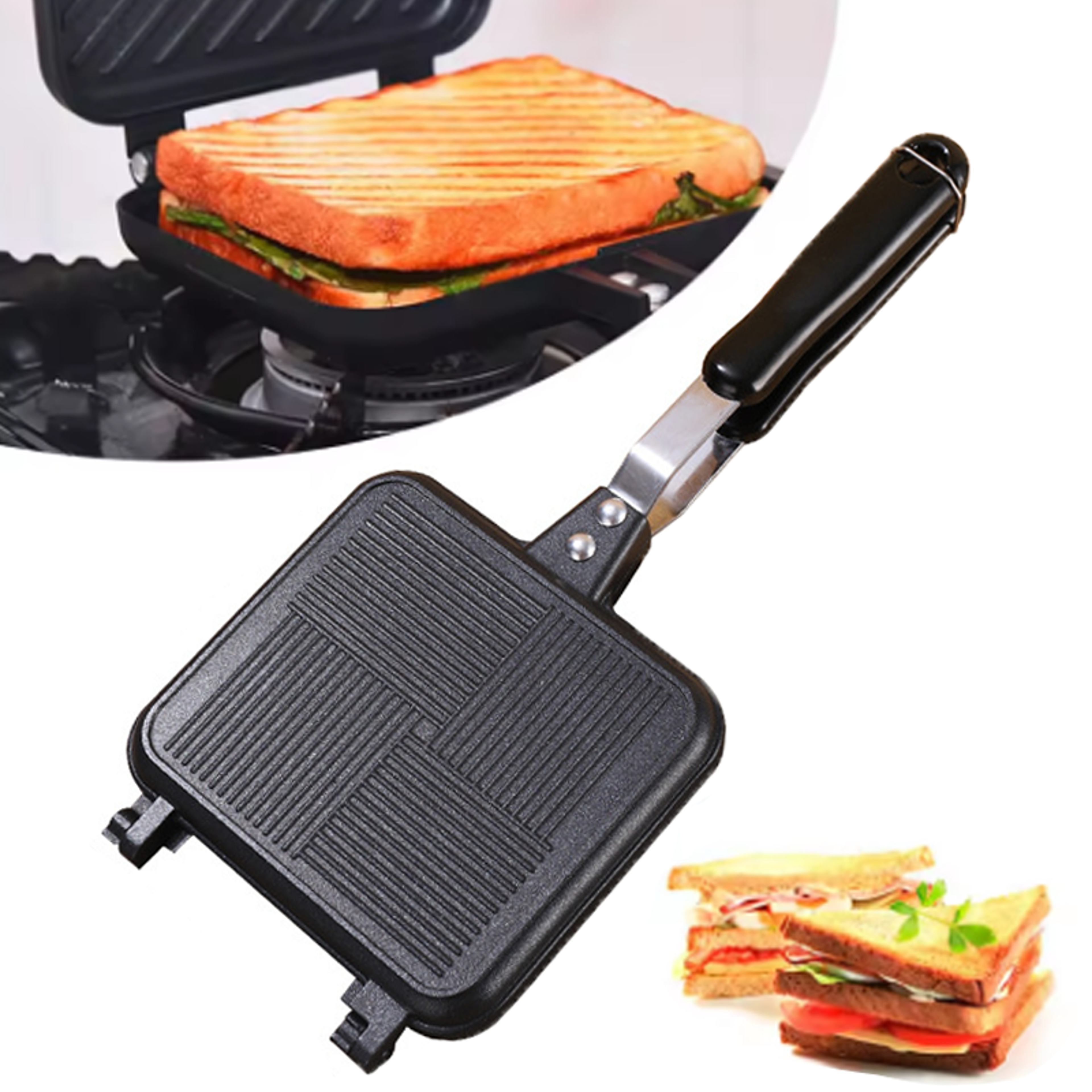 double sided non stick sandwich maker stovetop breakfast grill pan