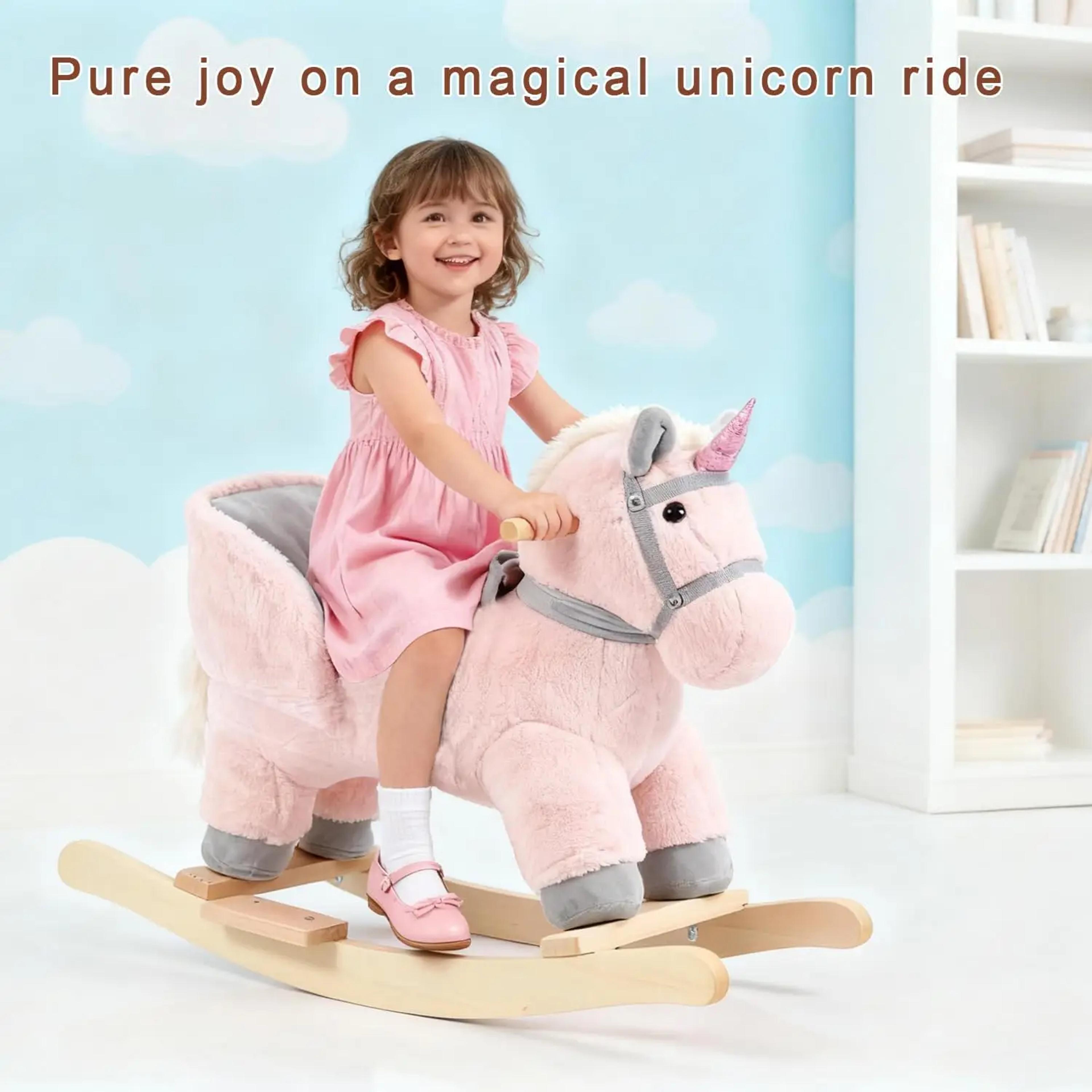 plush unicorn toddler rocking horse wooden ride on toy