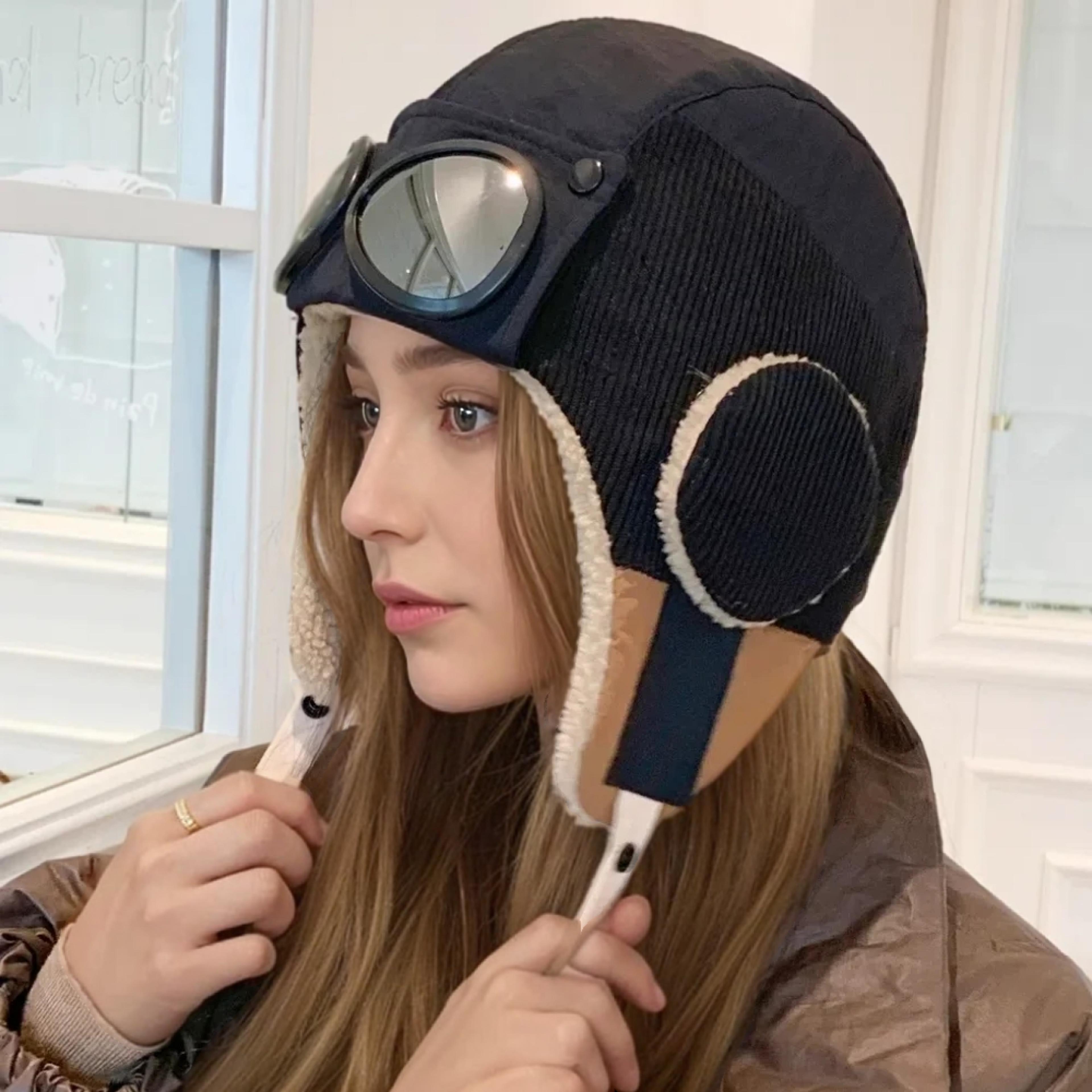 womens bomber hat with goggles warm faux fur earflap winter trapper hat