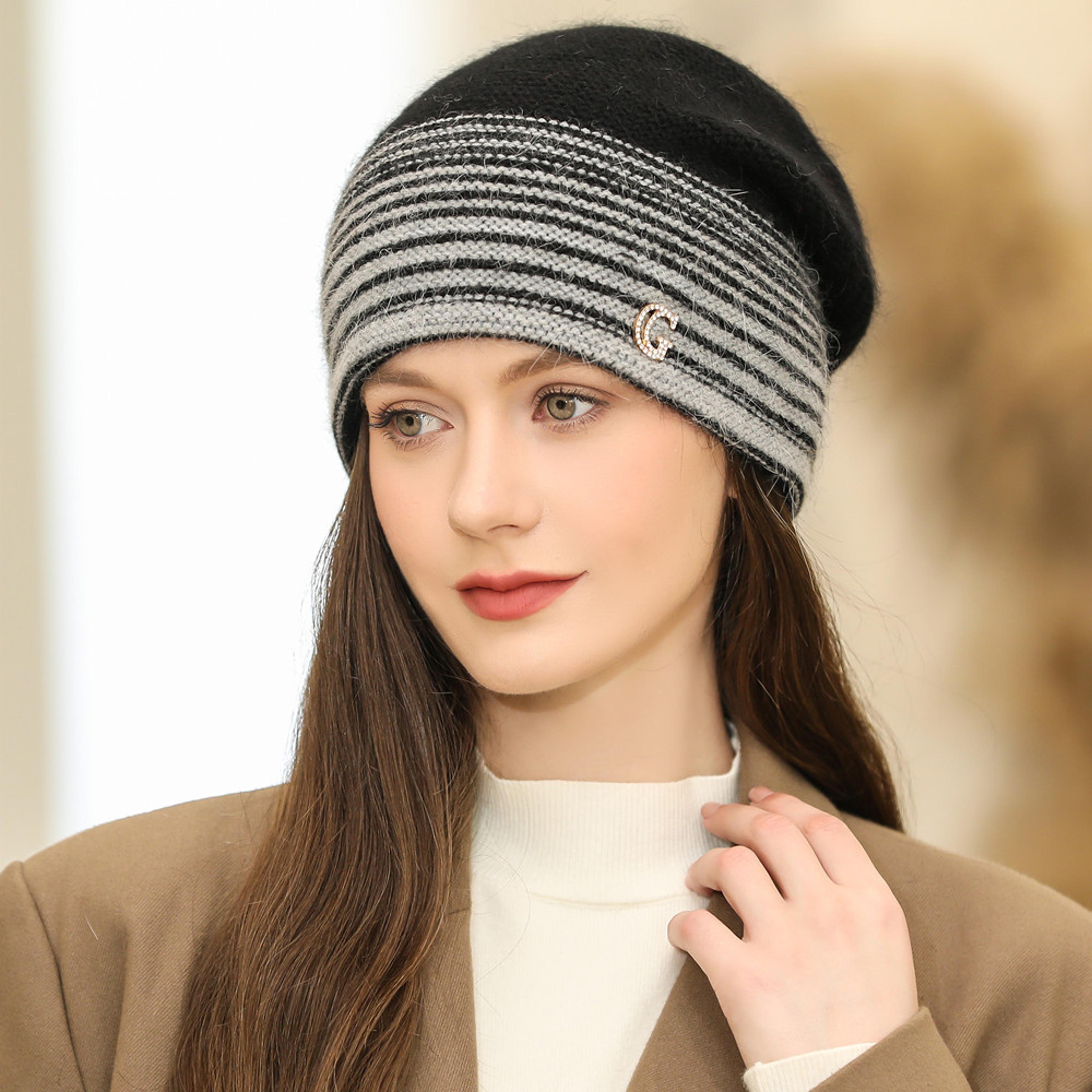 women rabbit fur blend warm winter knitted beanie hat