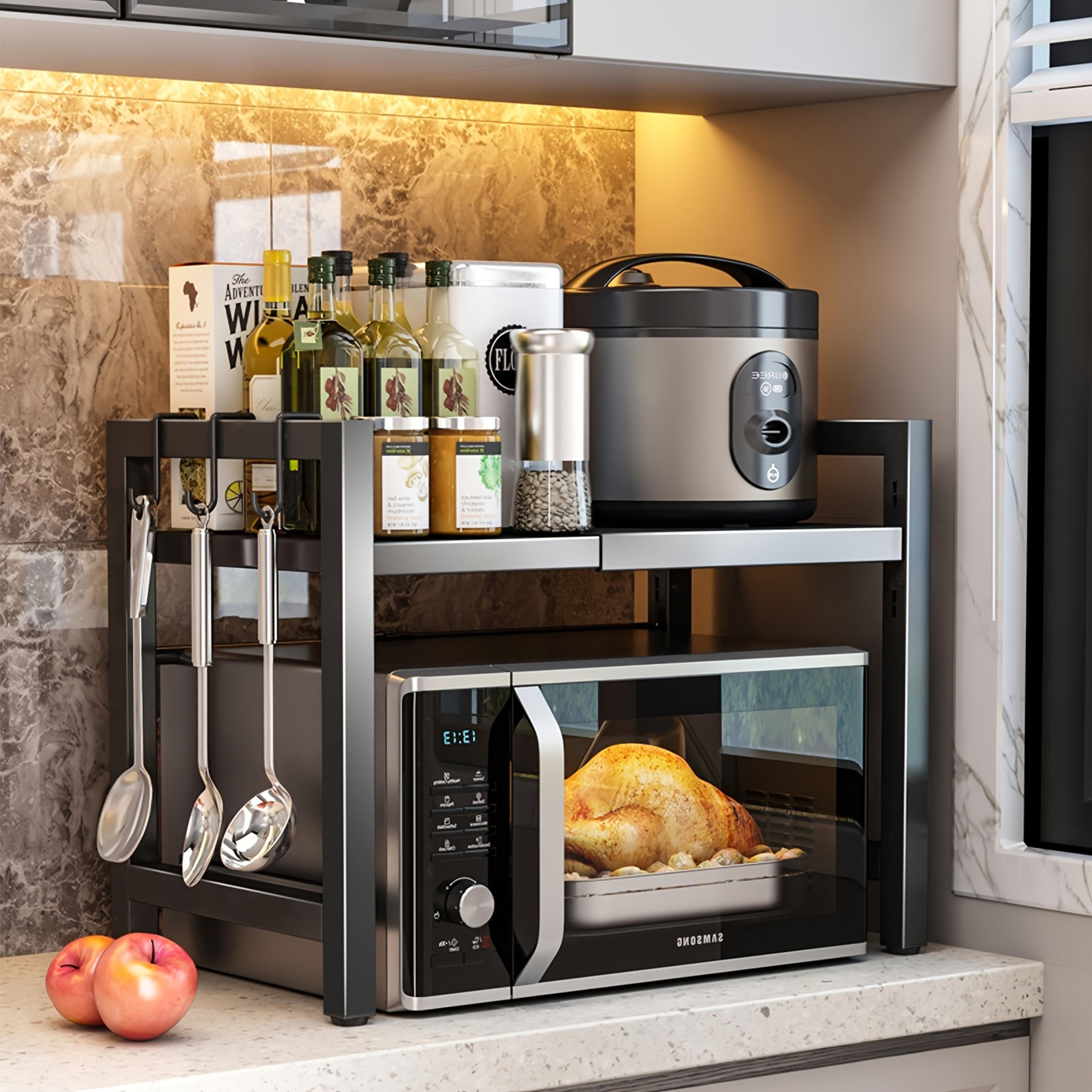 expandable microwave shelf adjustable kitchen storage rack with hooks