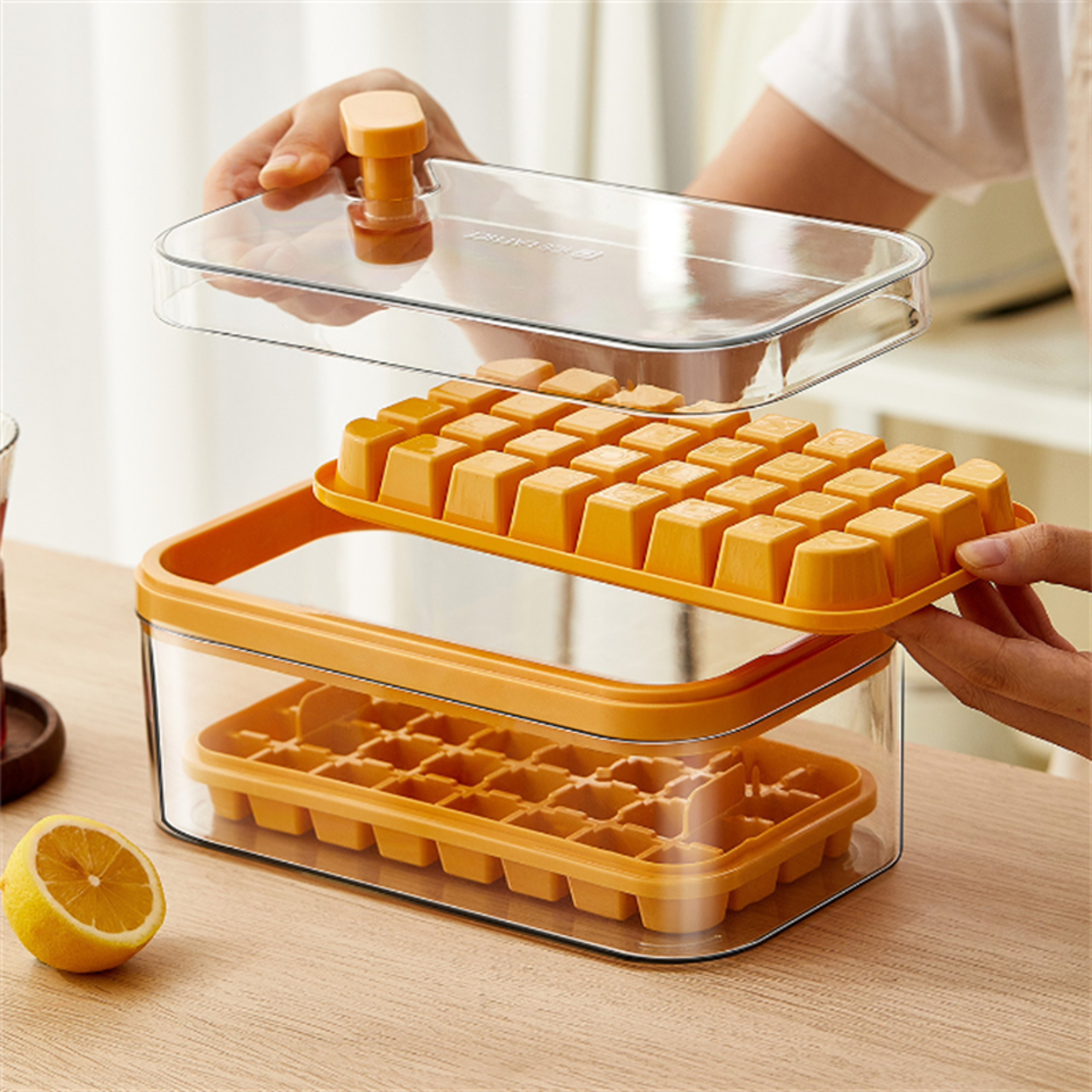 one press ice cube tray with storage bin double layer easy release ice maker