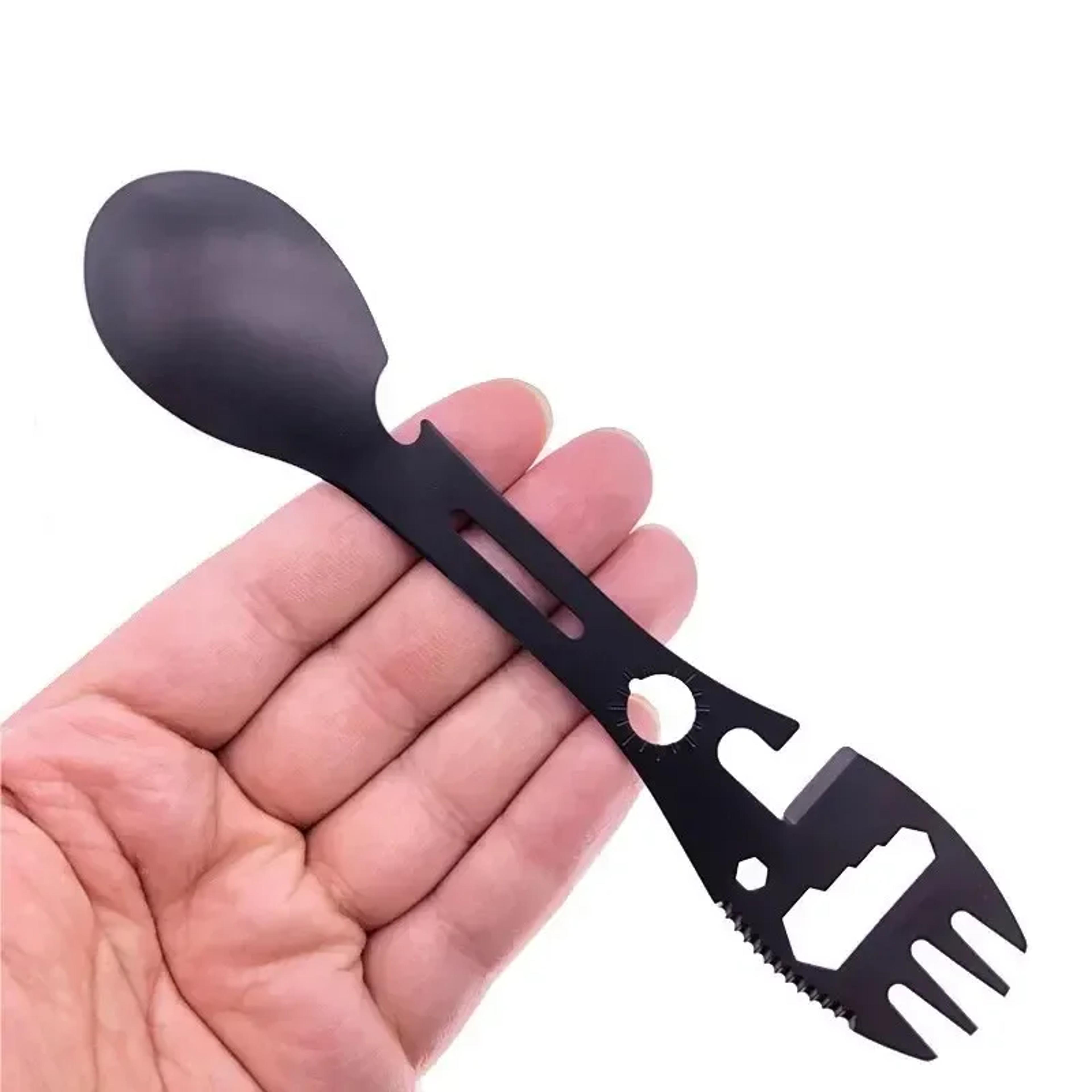 stainless steel camping utensil set with fork spoon knife and opener