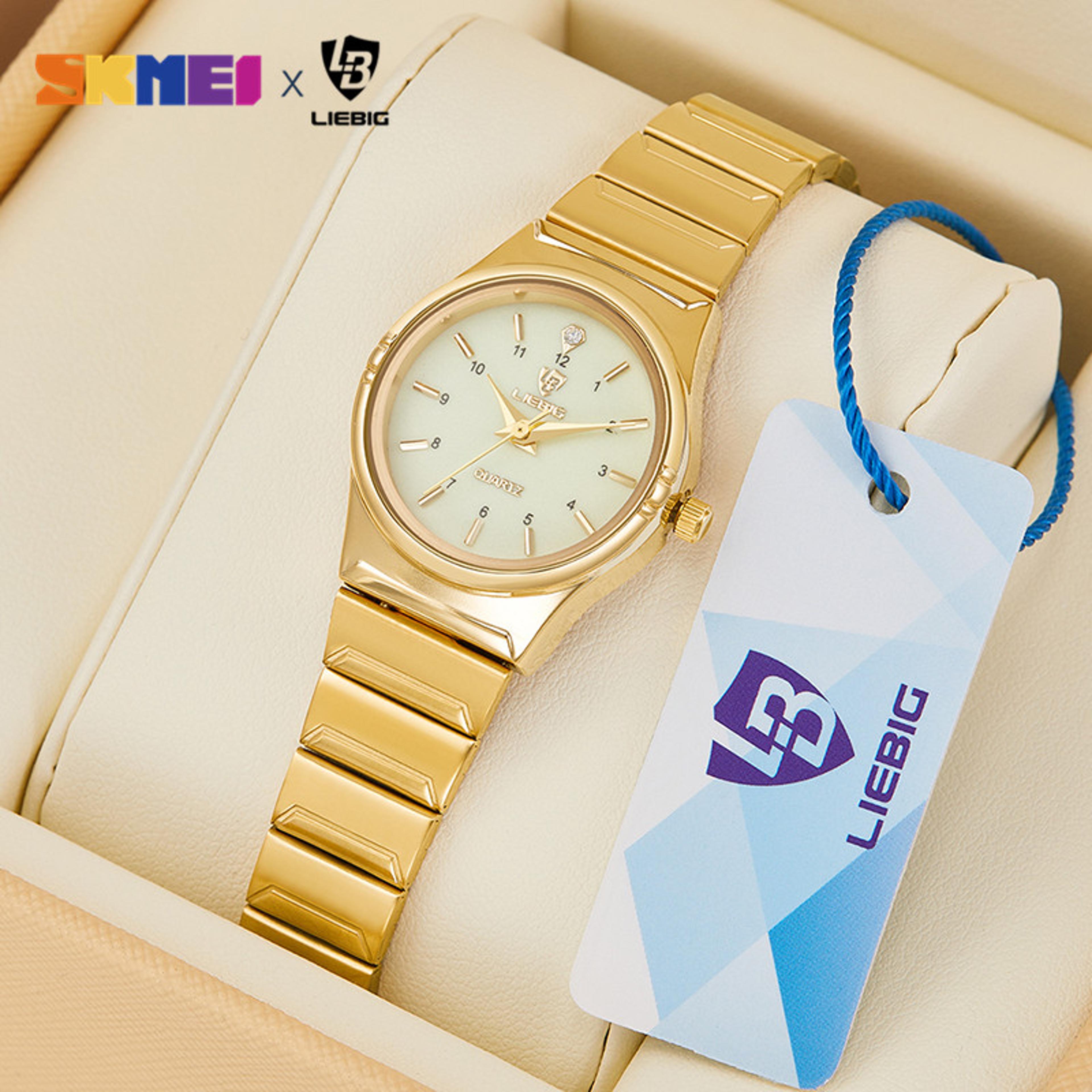 womens gold stainless steel quartz watch with 3bar water resistance