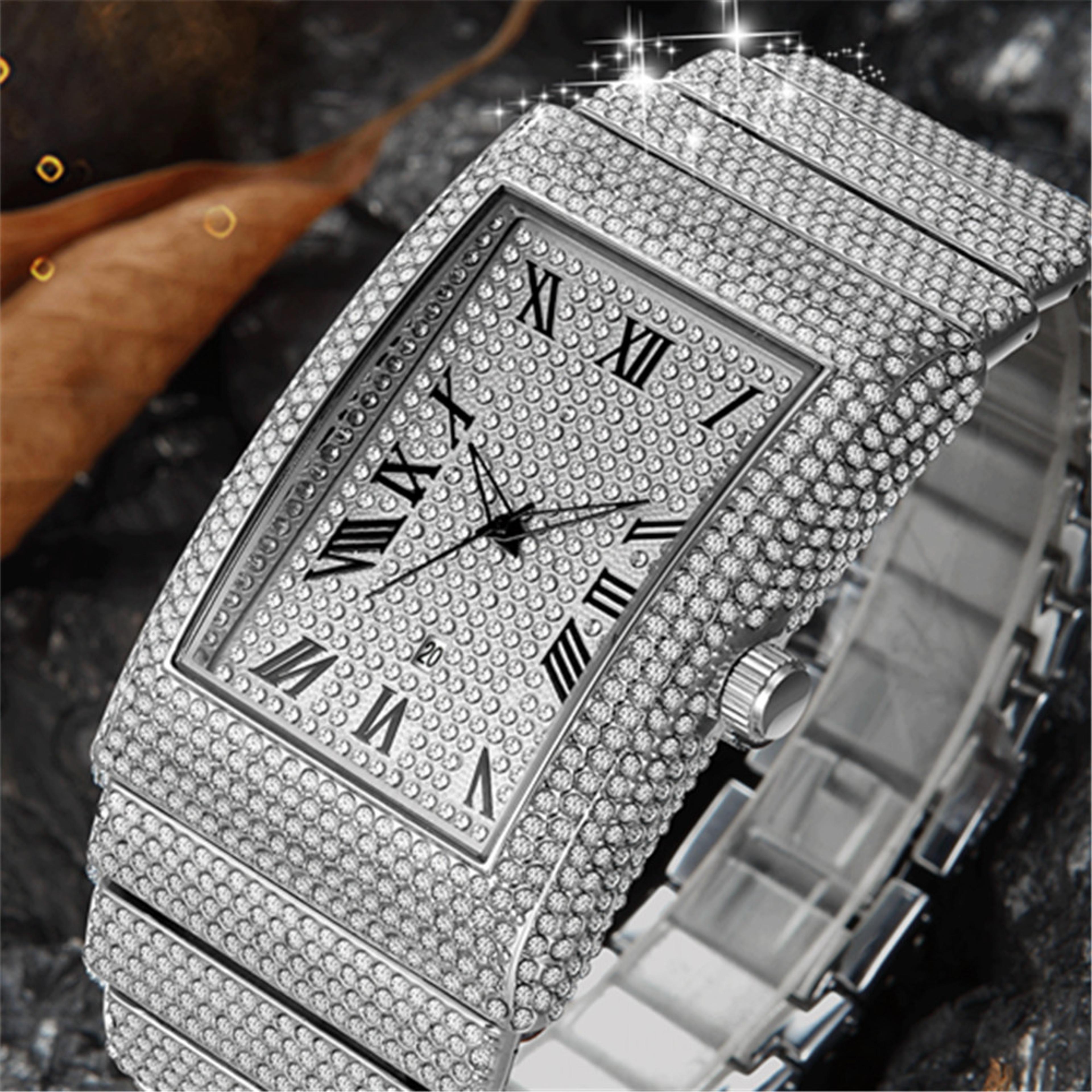 rectangular quartz watch for men with roman numeral display and complete calendar