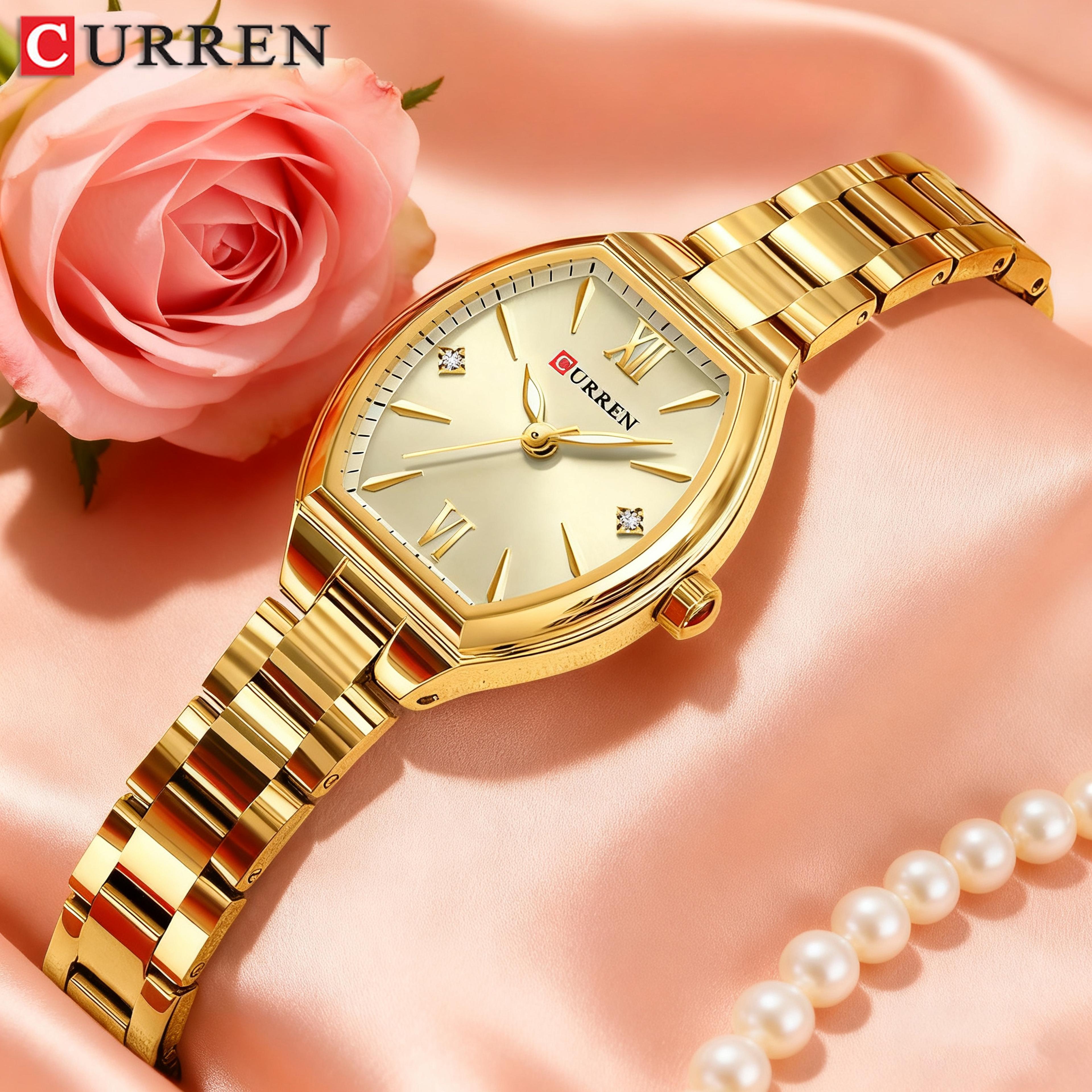 women tonneau quartz watch with stainless steel elastic band and luminous display
