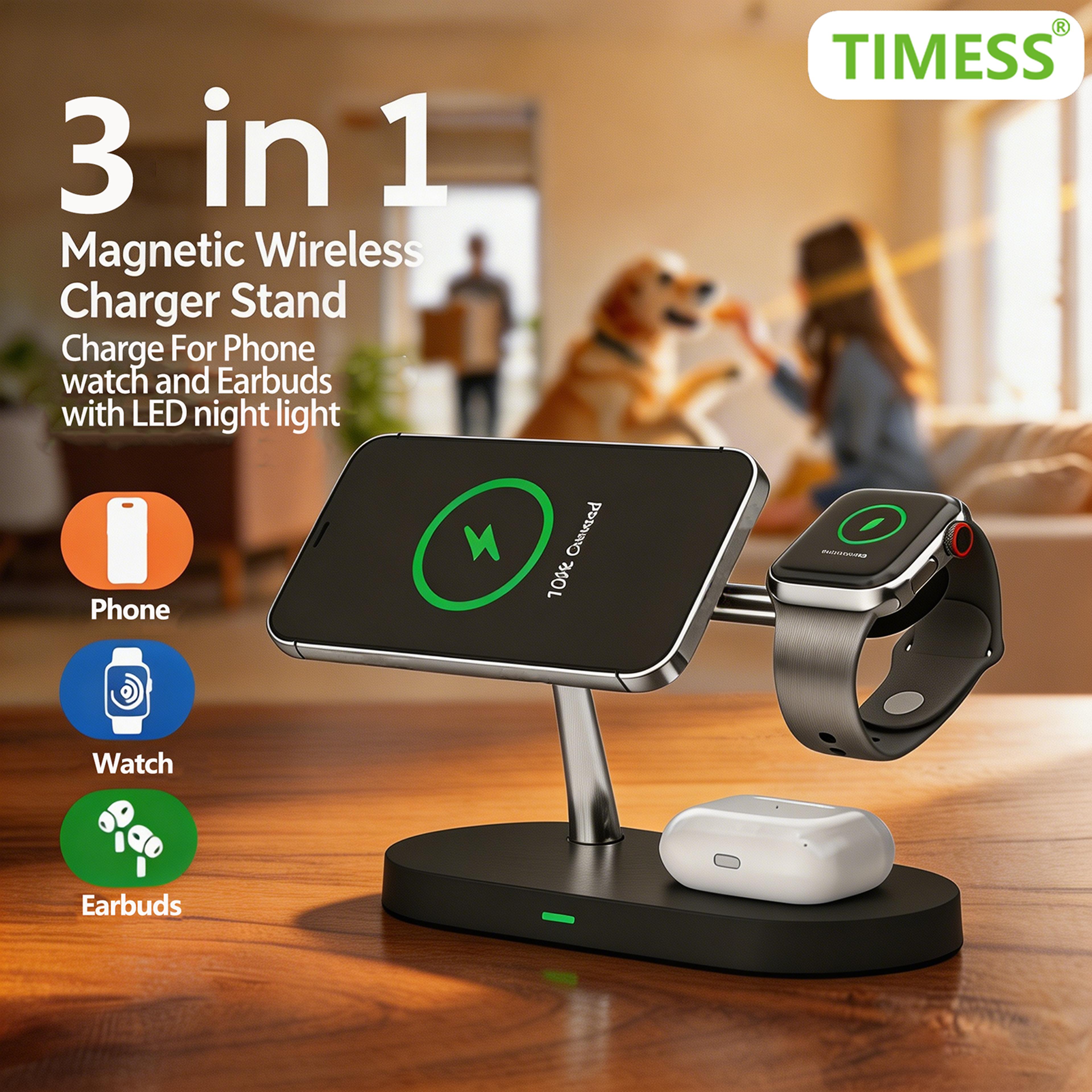 magnetic wireless charging station with 15w output for iphone apple watch and airpods