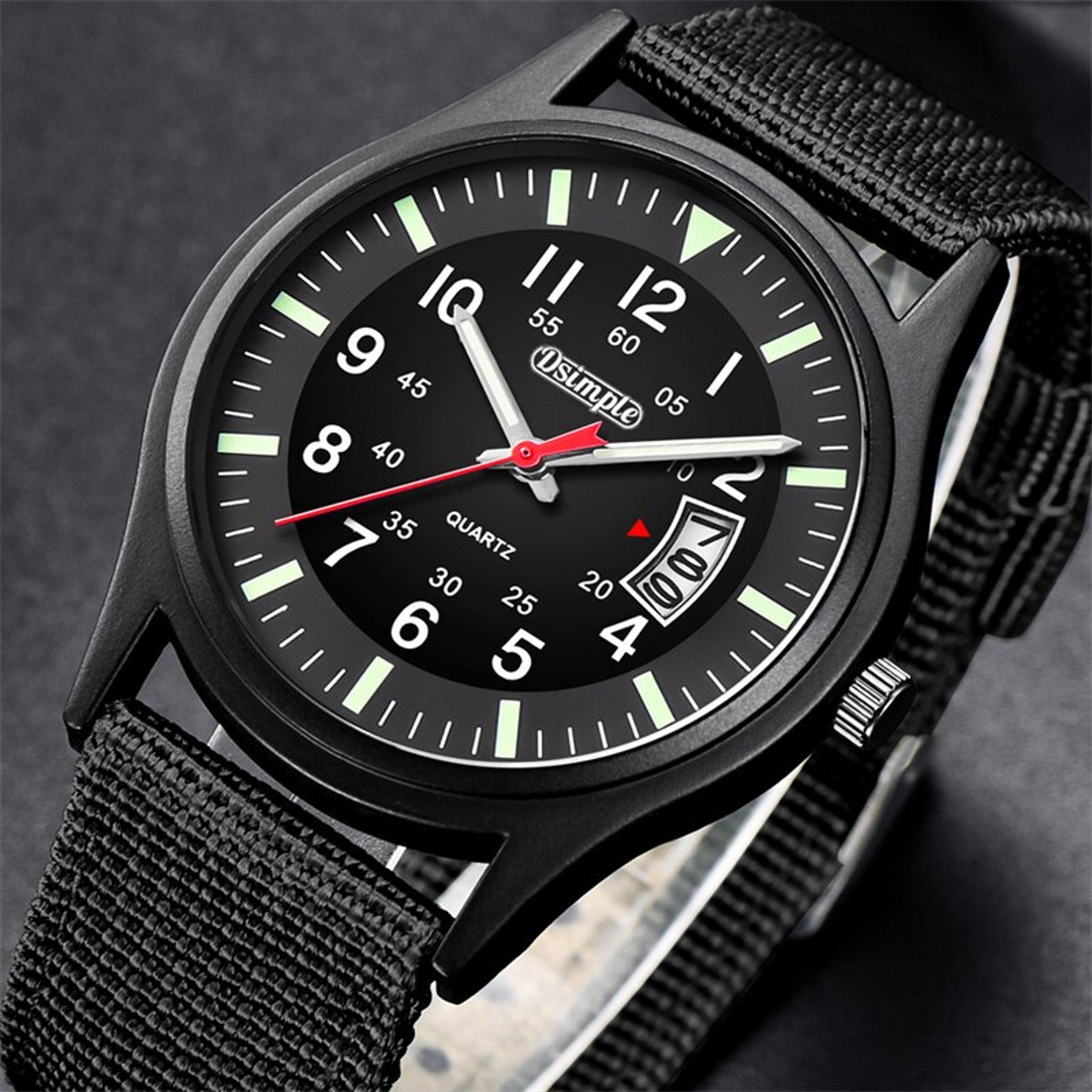 mens military style quartz watch with nylon strap and date display