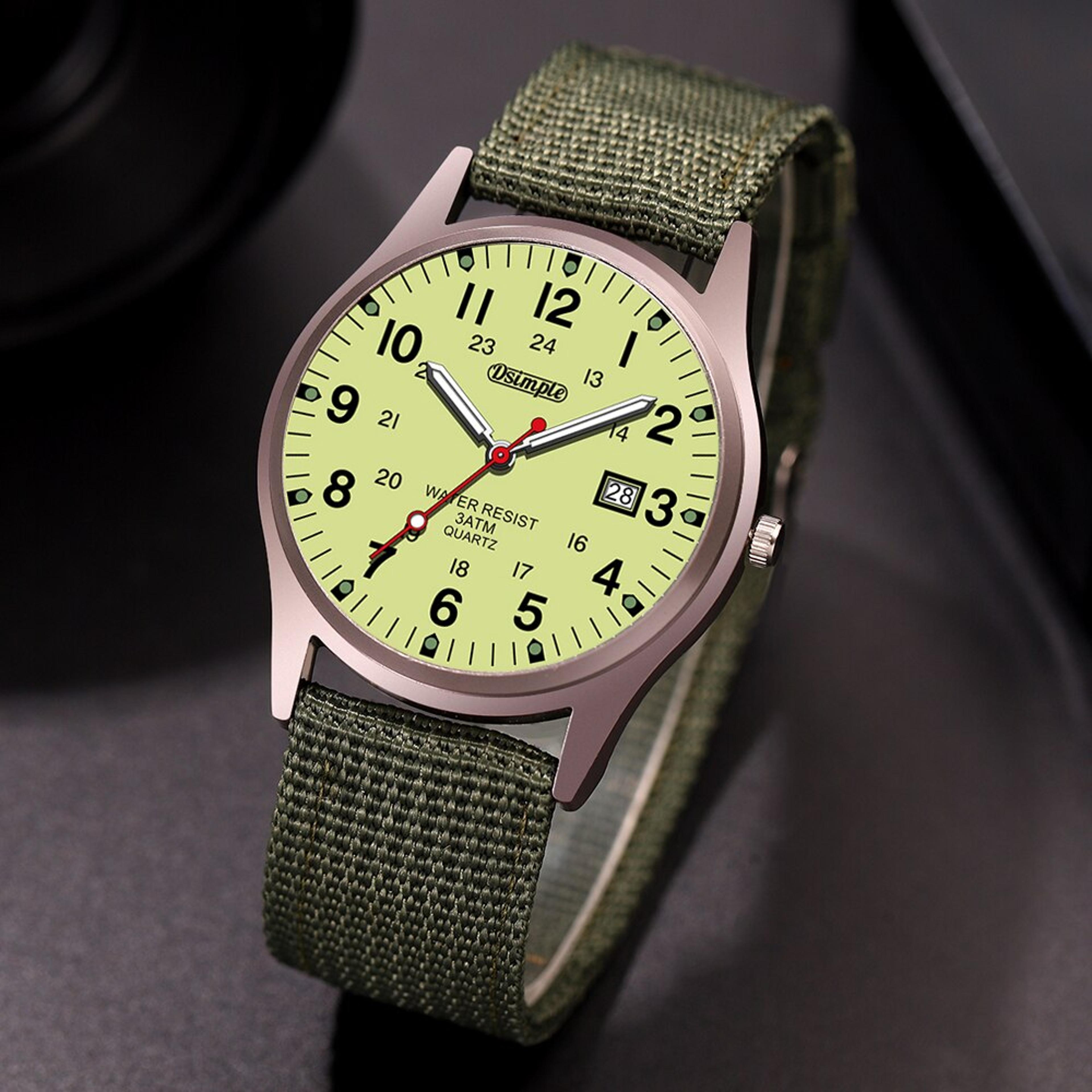 mens military style quartz watch with luminous hands and nylon strap