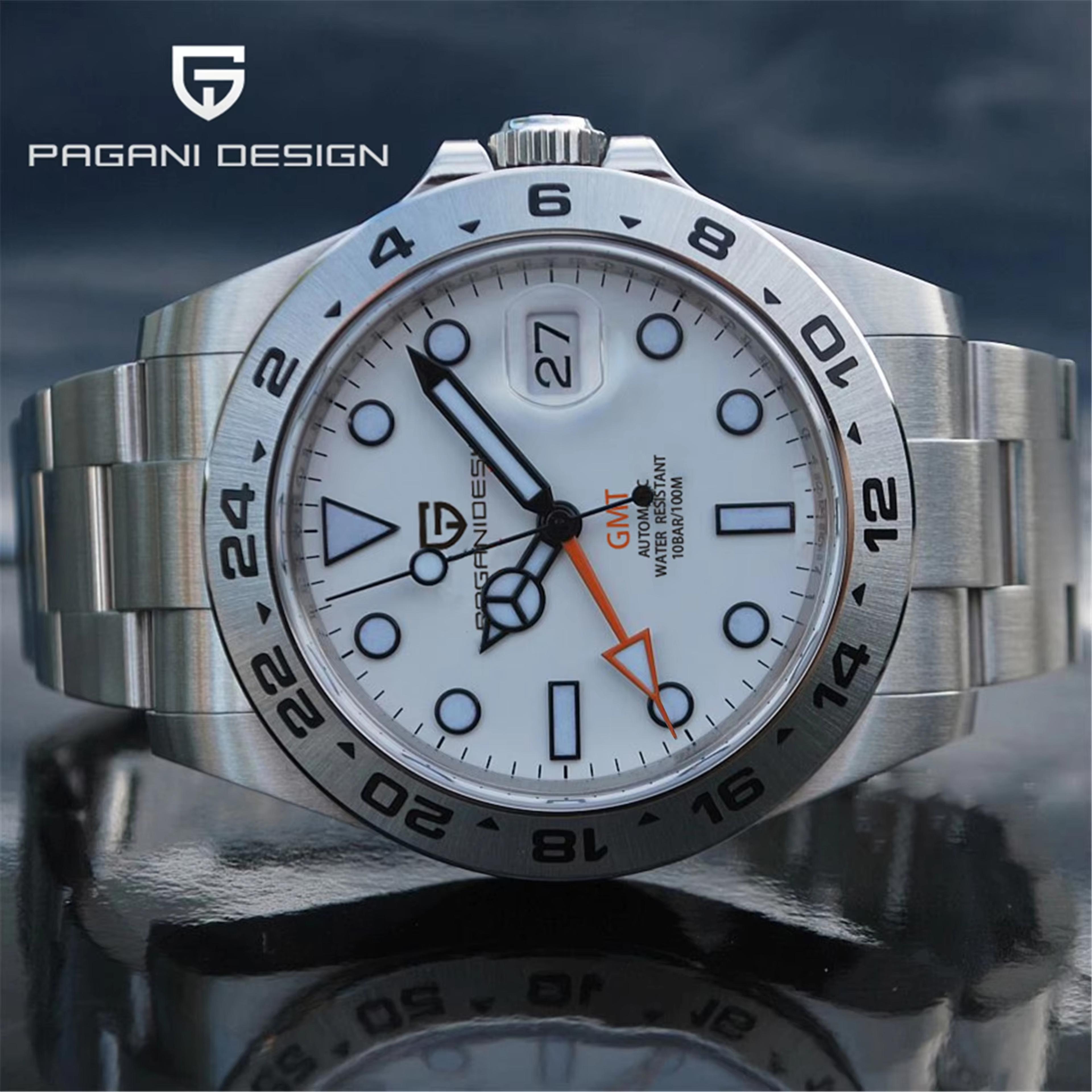 men's automatic gmt watch with sapphire crystal and stainless steel band
