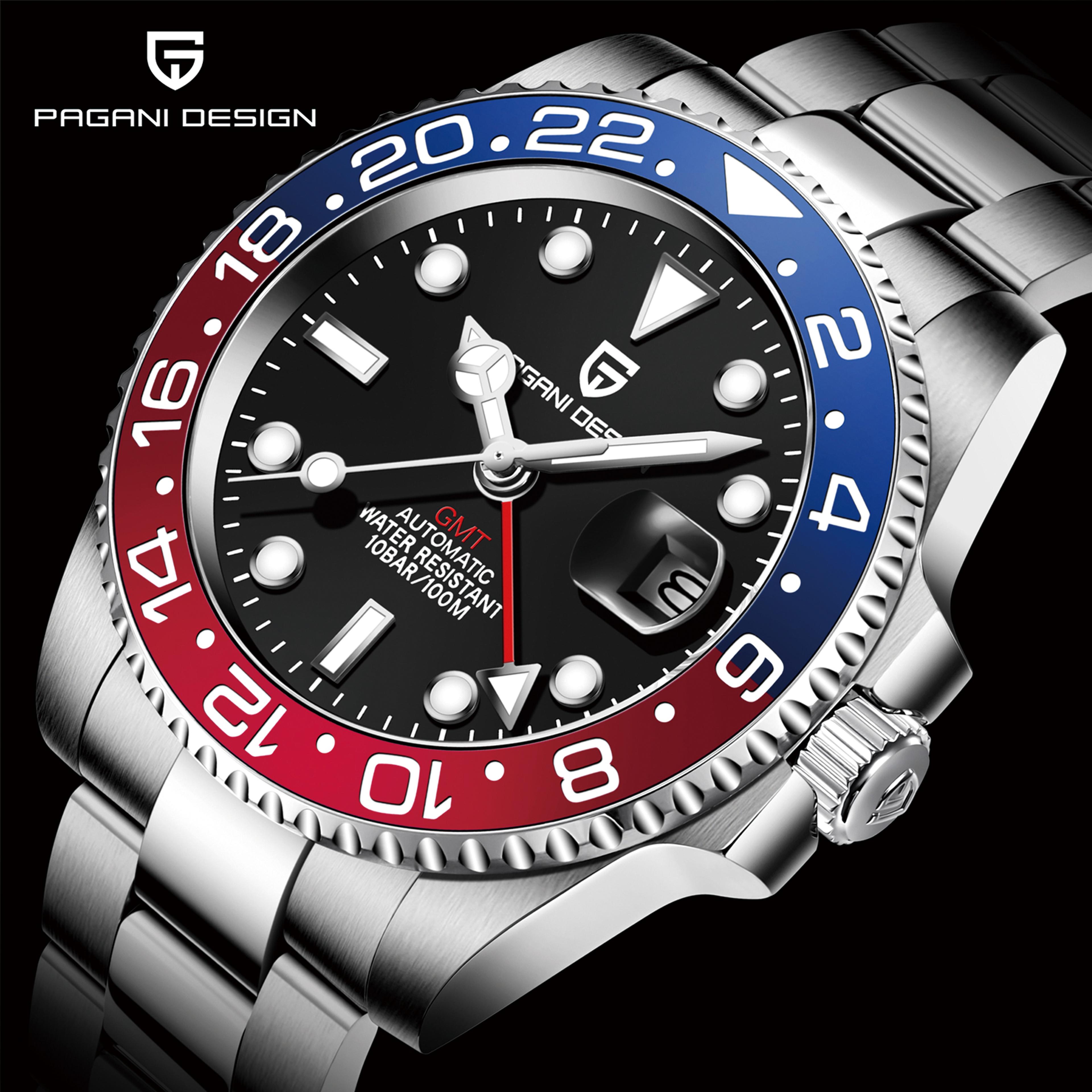 men's automatic gmt mechanical watch with sapphire crystal and stainless steel band