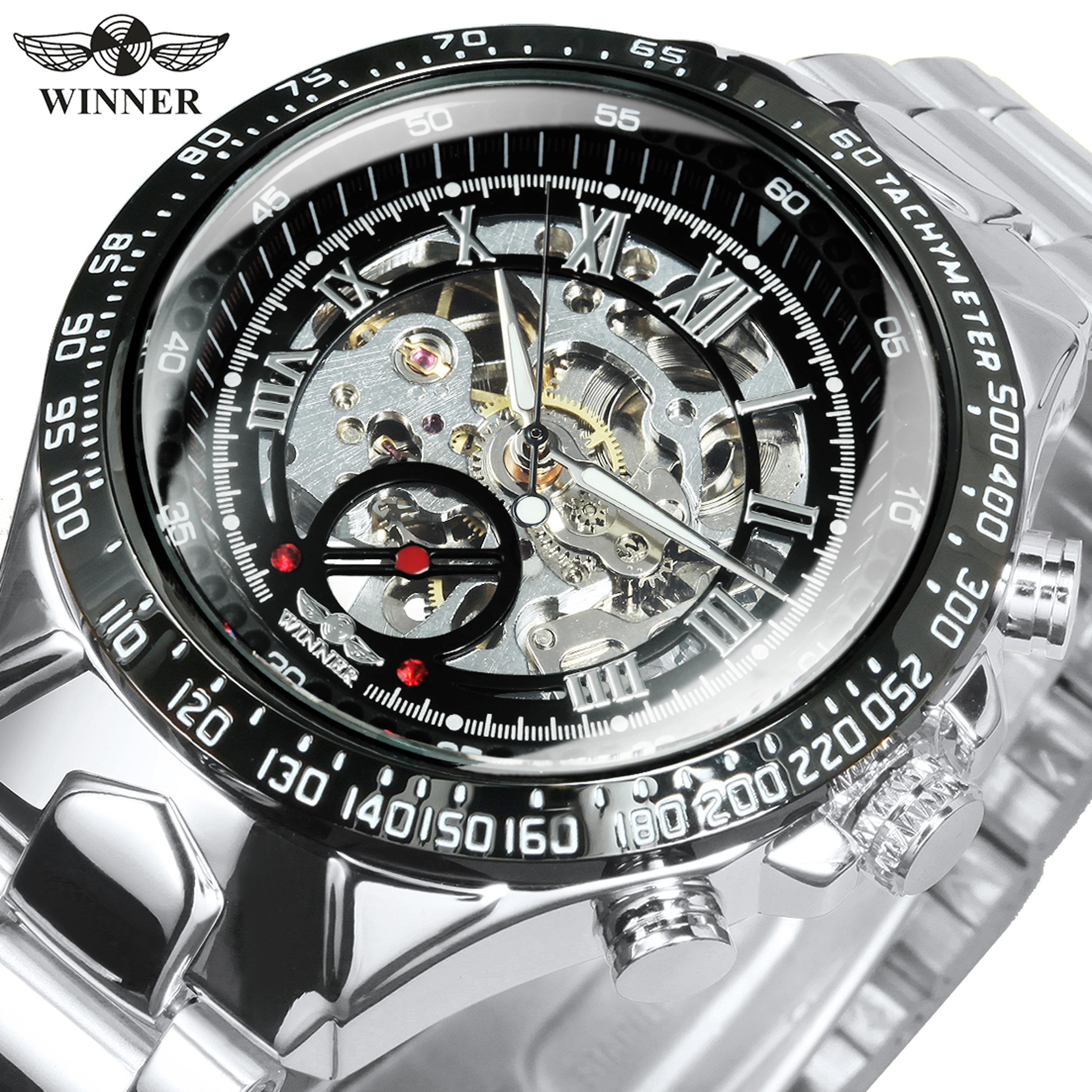 men's gold skeleton automatic watch with stainless steel band and luminous hands