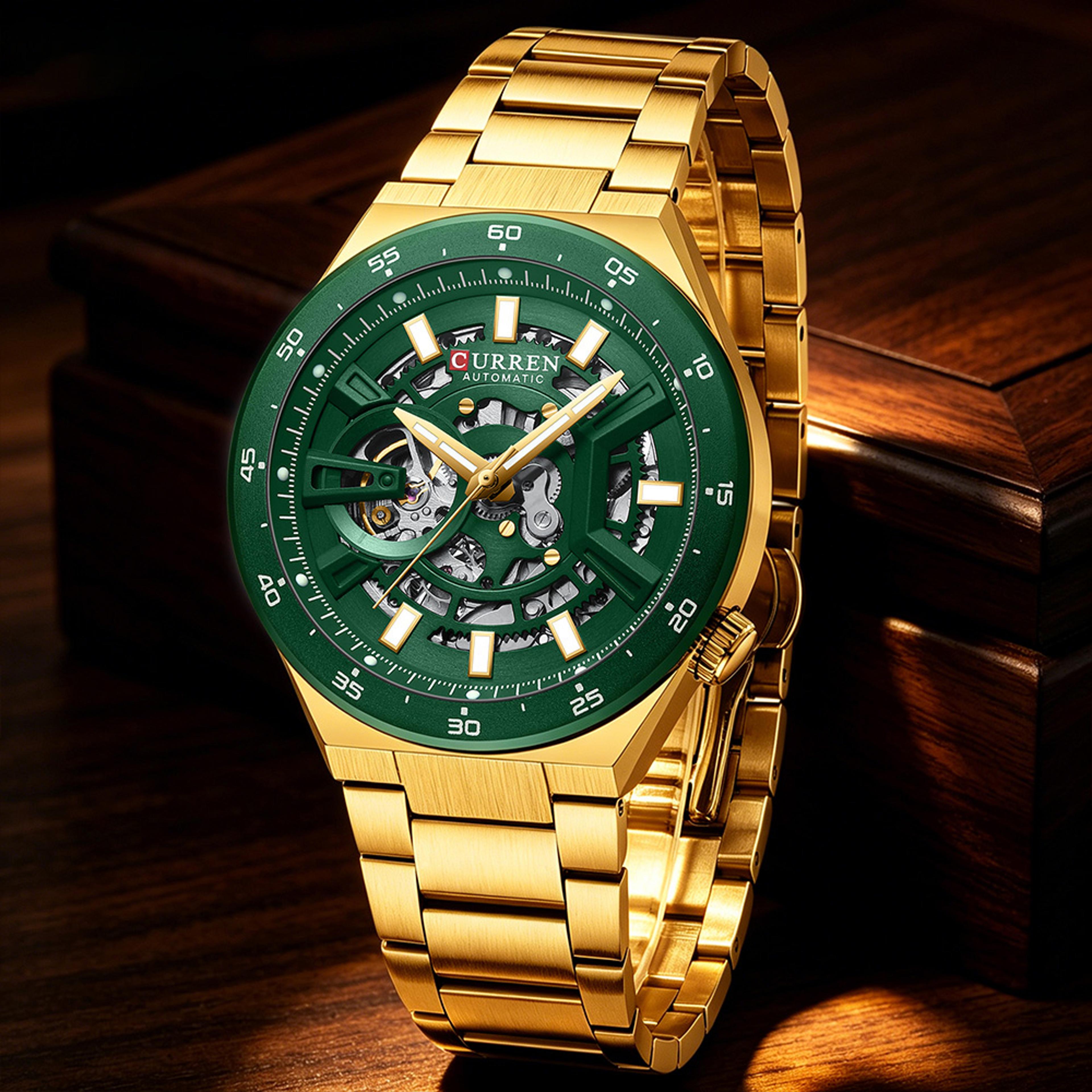 men's automatic mechanical skeleton watch with stainless steel band and luminous dial
