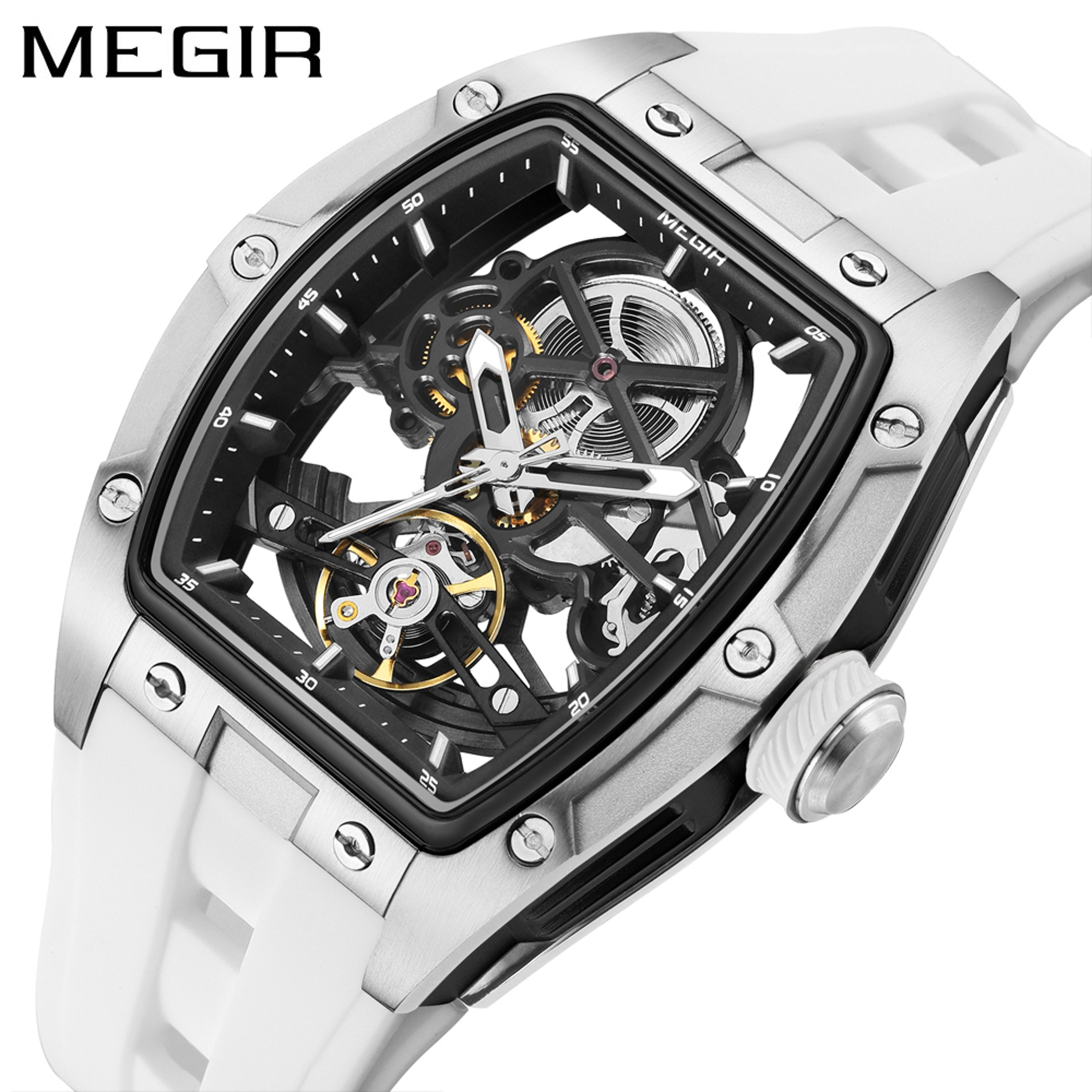 men's automatic mechanical skeleton watch with tonneau case and silicone strap