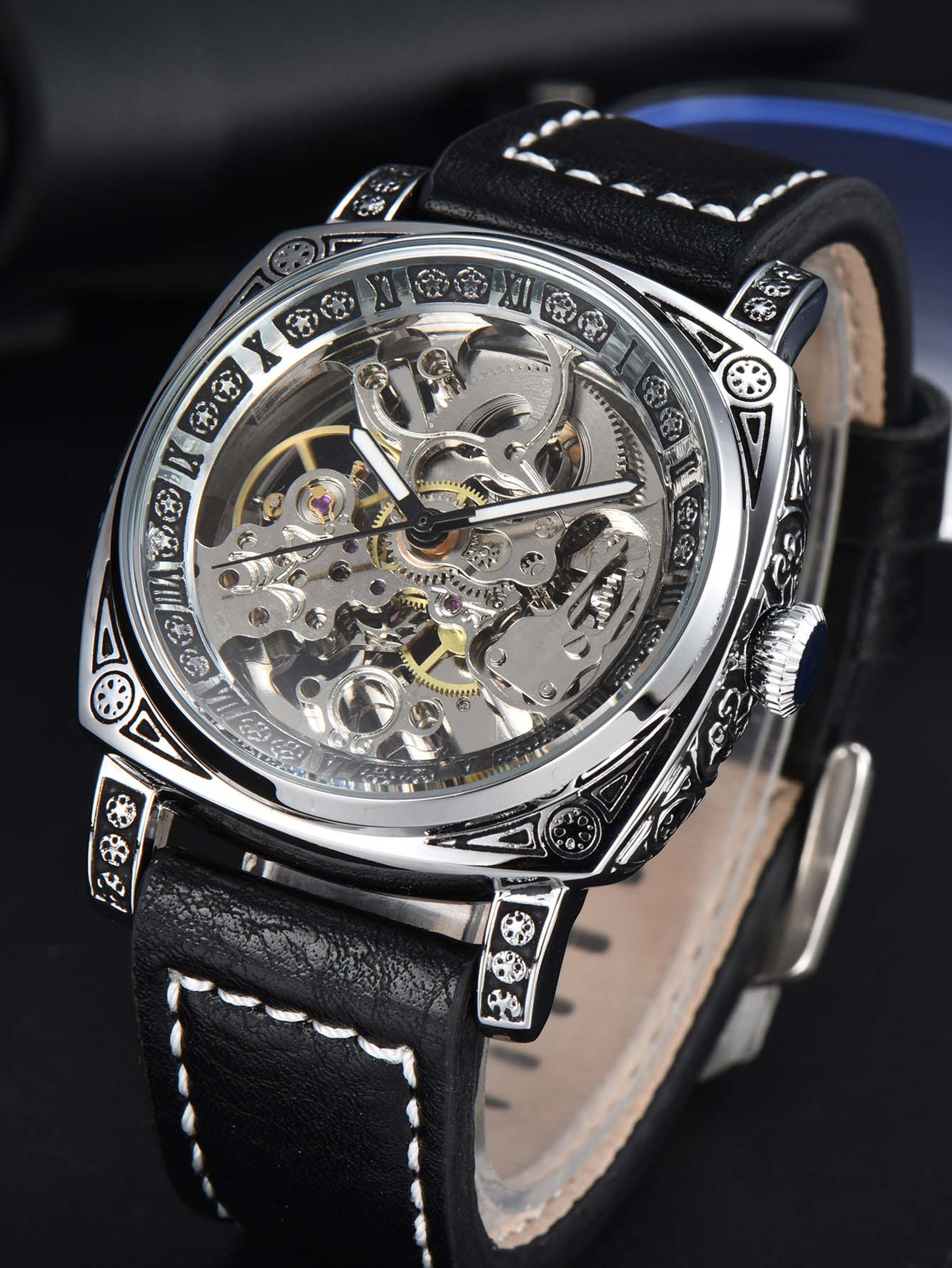 men's automatic mechanical skeleton watch with square case and leather strap
