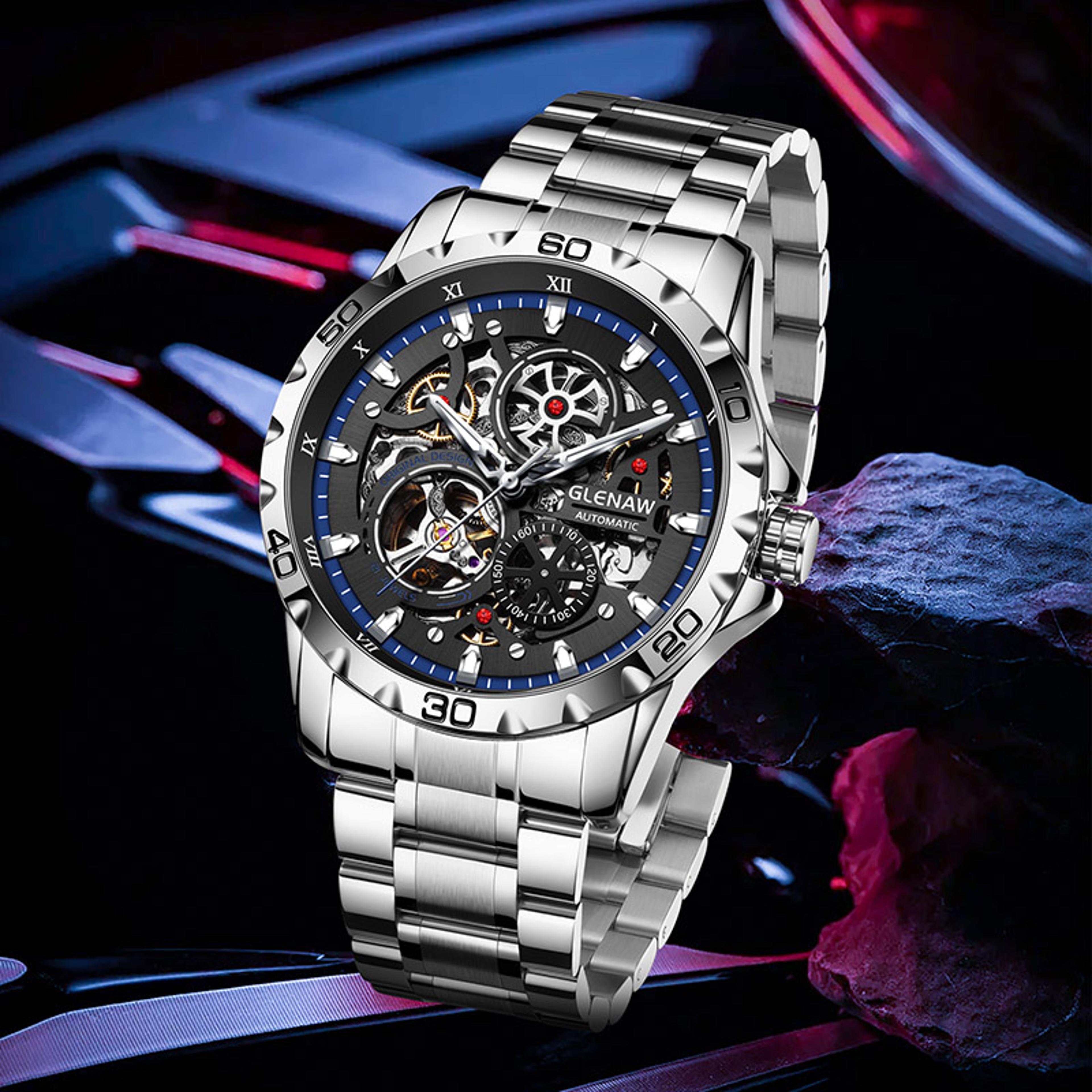 men's automatic skeleton watch with stainless steel band and luminous dial