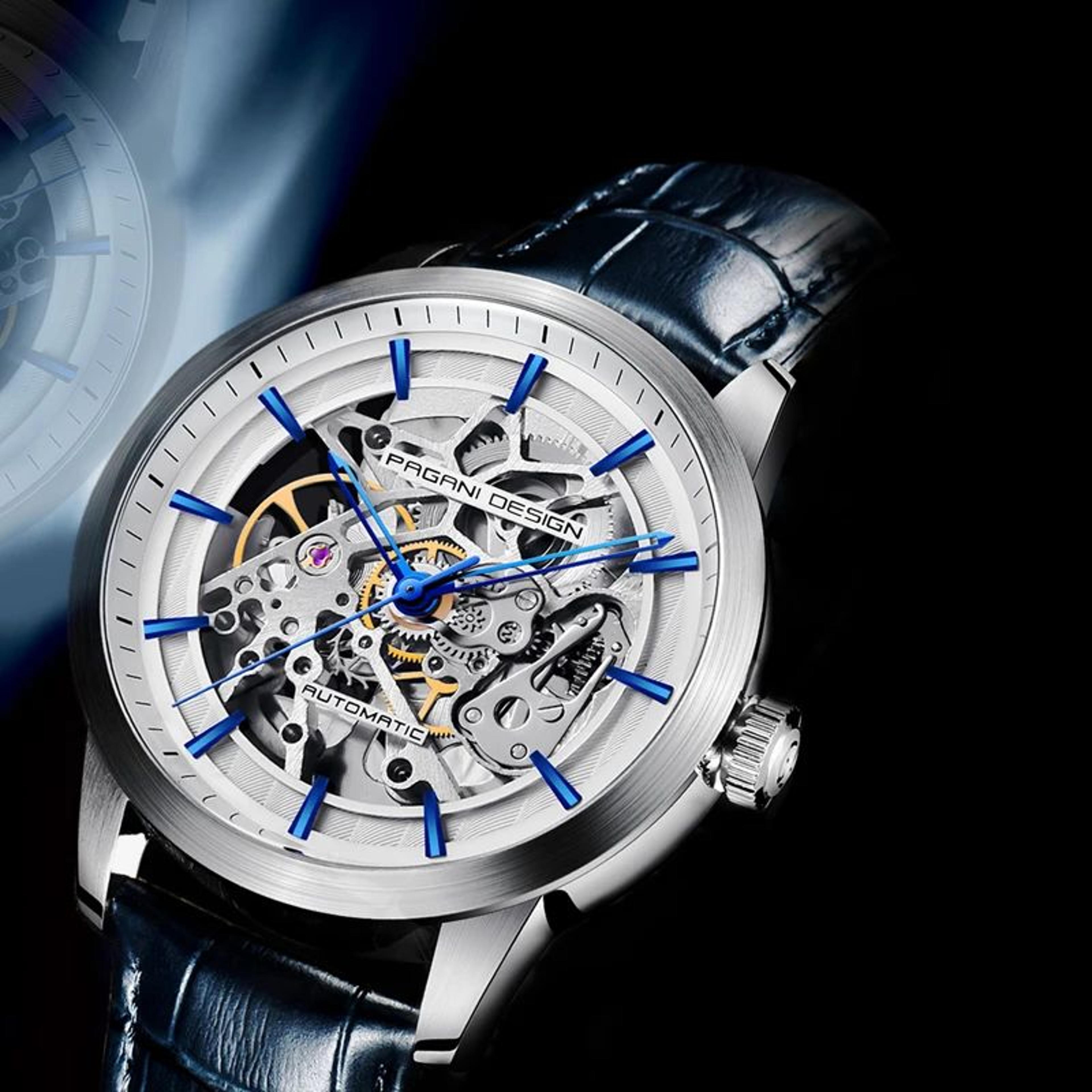 mens automatic skeleton mechanical watch with blue leather strap