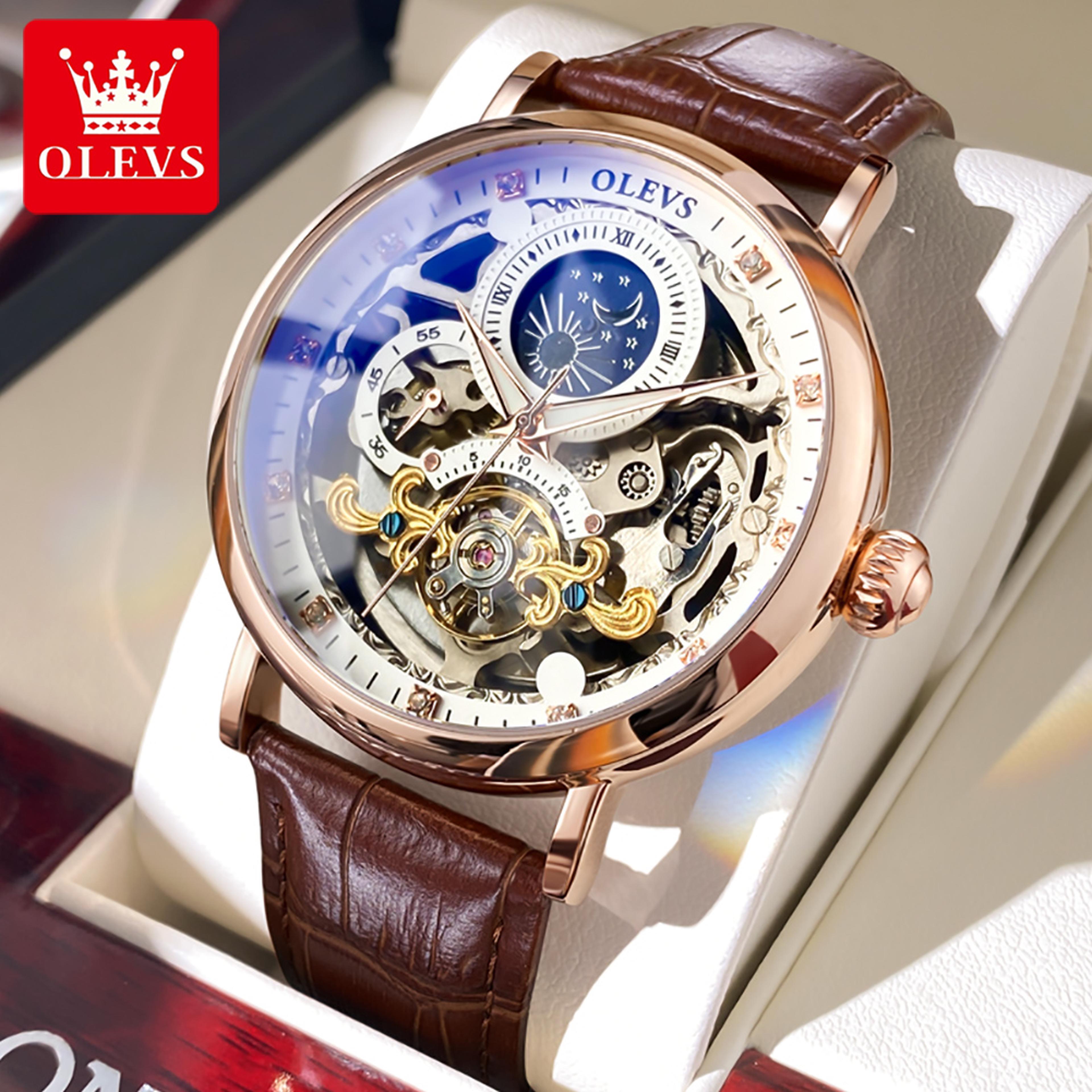 men's automatic skeleton watch with moon phase dial and leather strap
