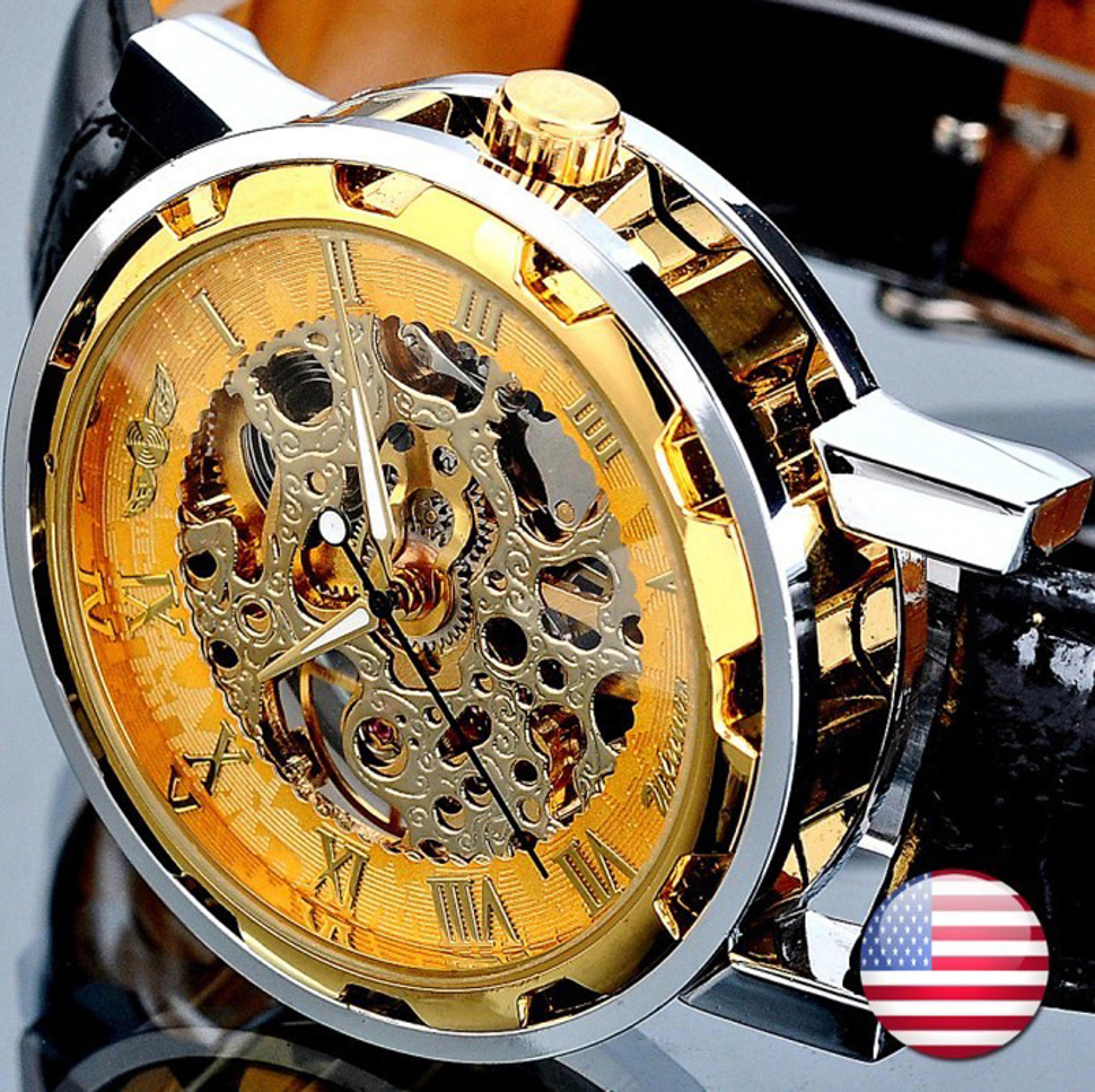 men's skeleton mechanical watch with black pu leather band and stainless steel case