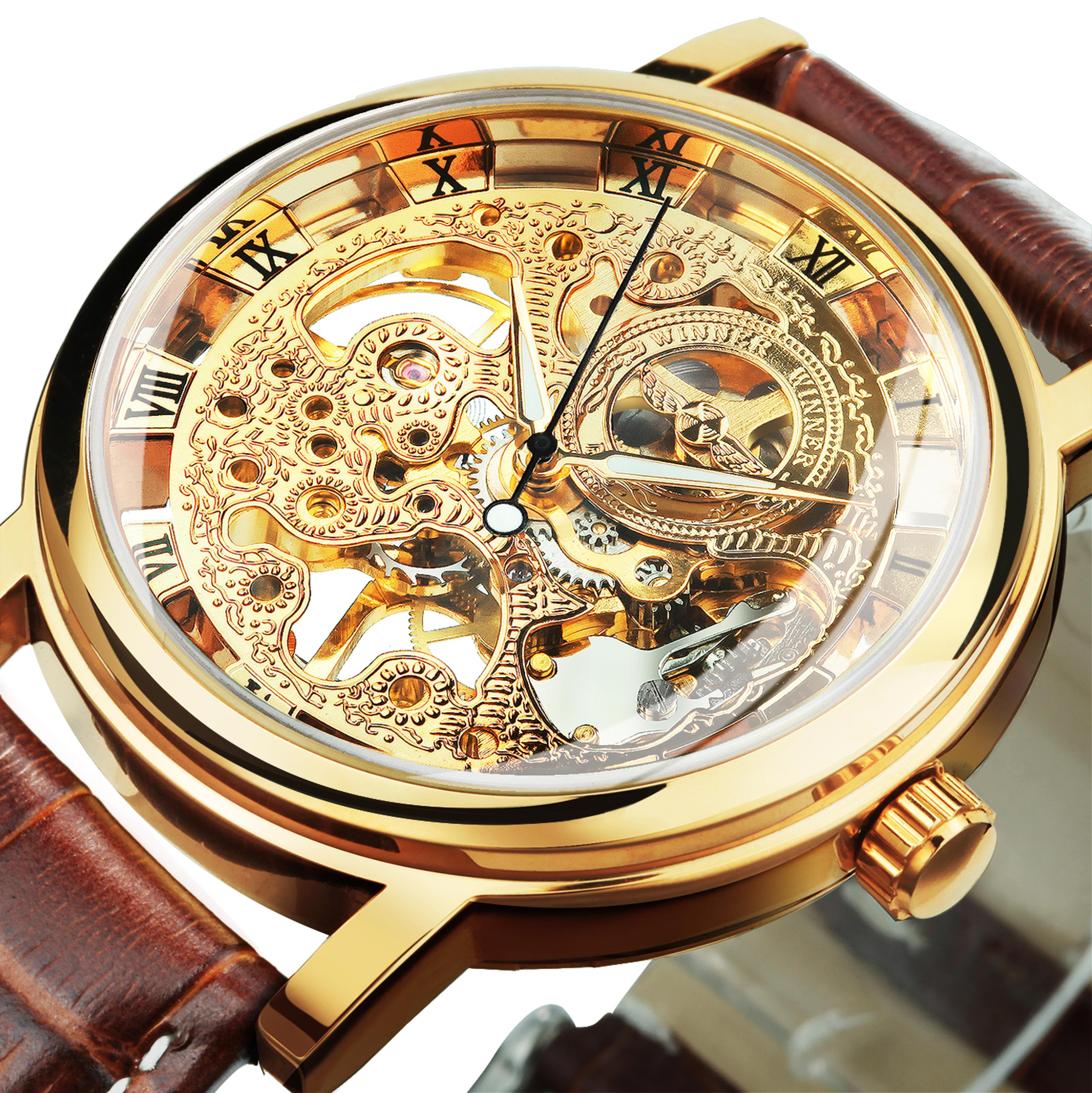 men's skeleton mechanical watch with leather strap and luminous hands