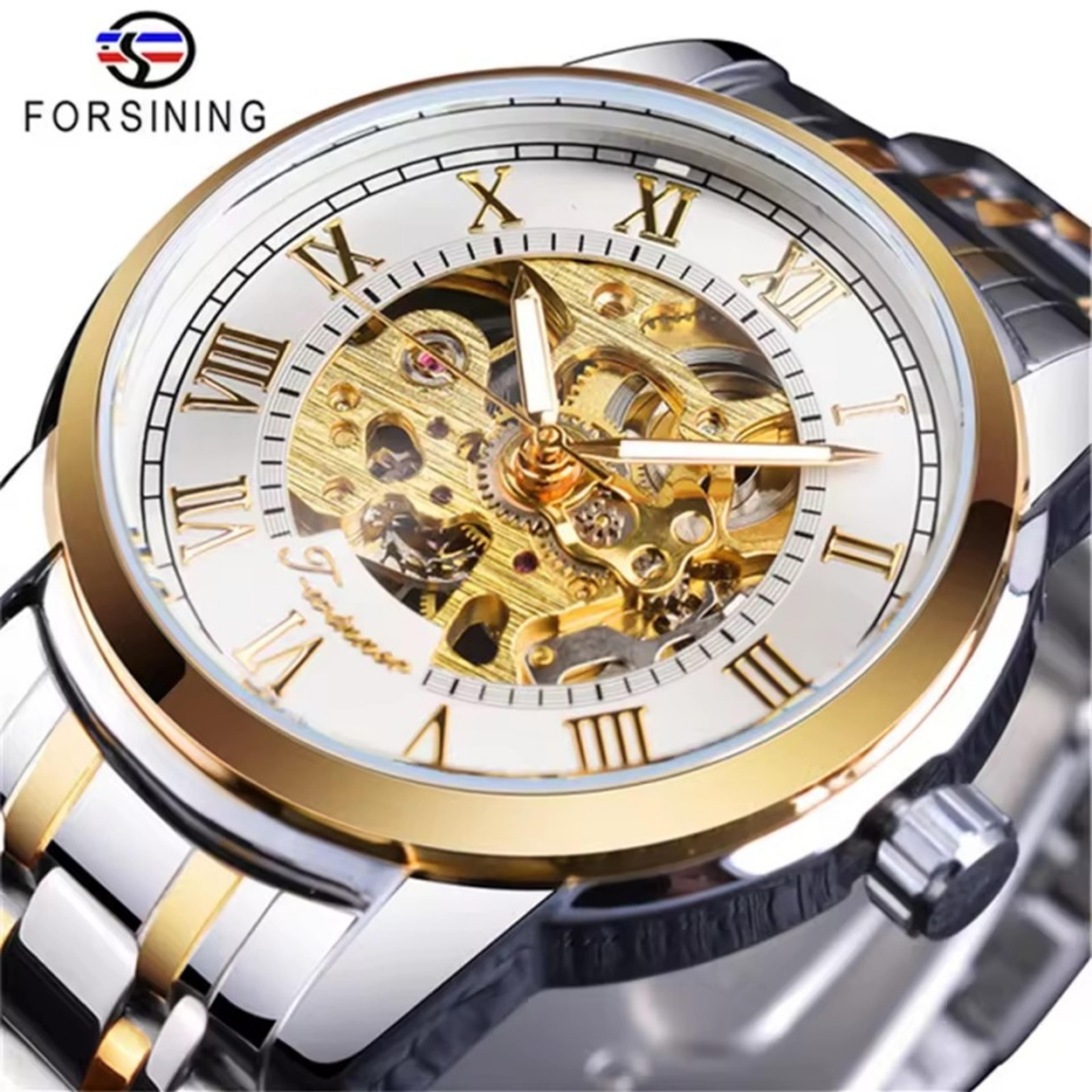 men's mechanical skeleton watch with stainless steel band and roman numeral dial