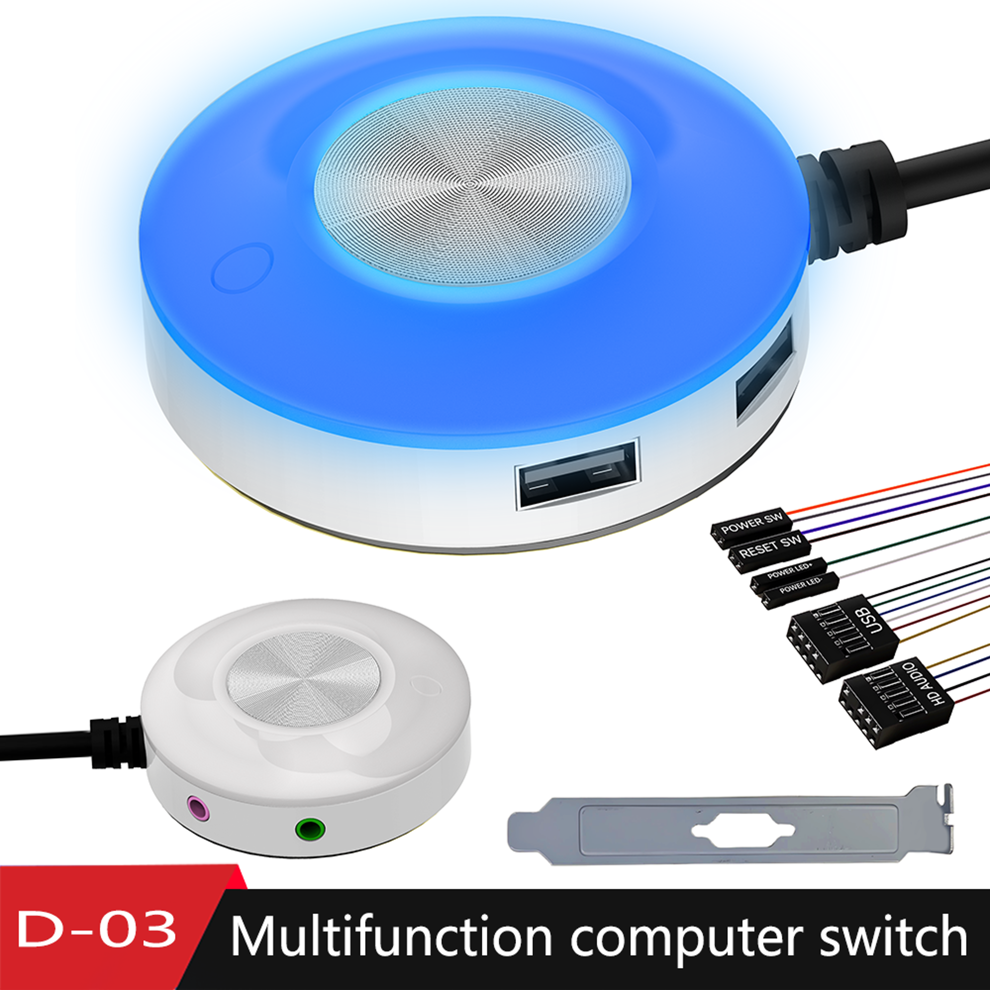 desktop pc external power button with 6-color rgb lighting dual usb and audio ports