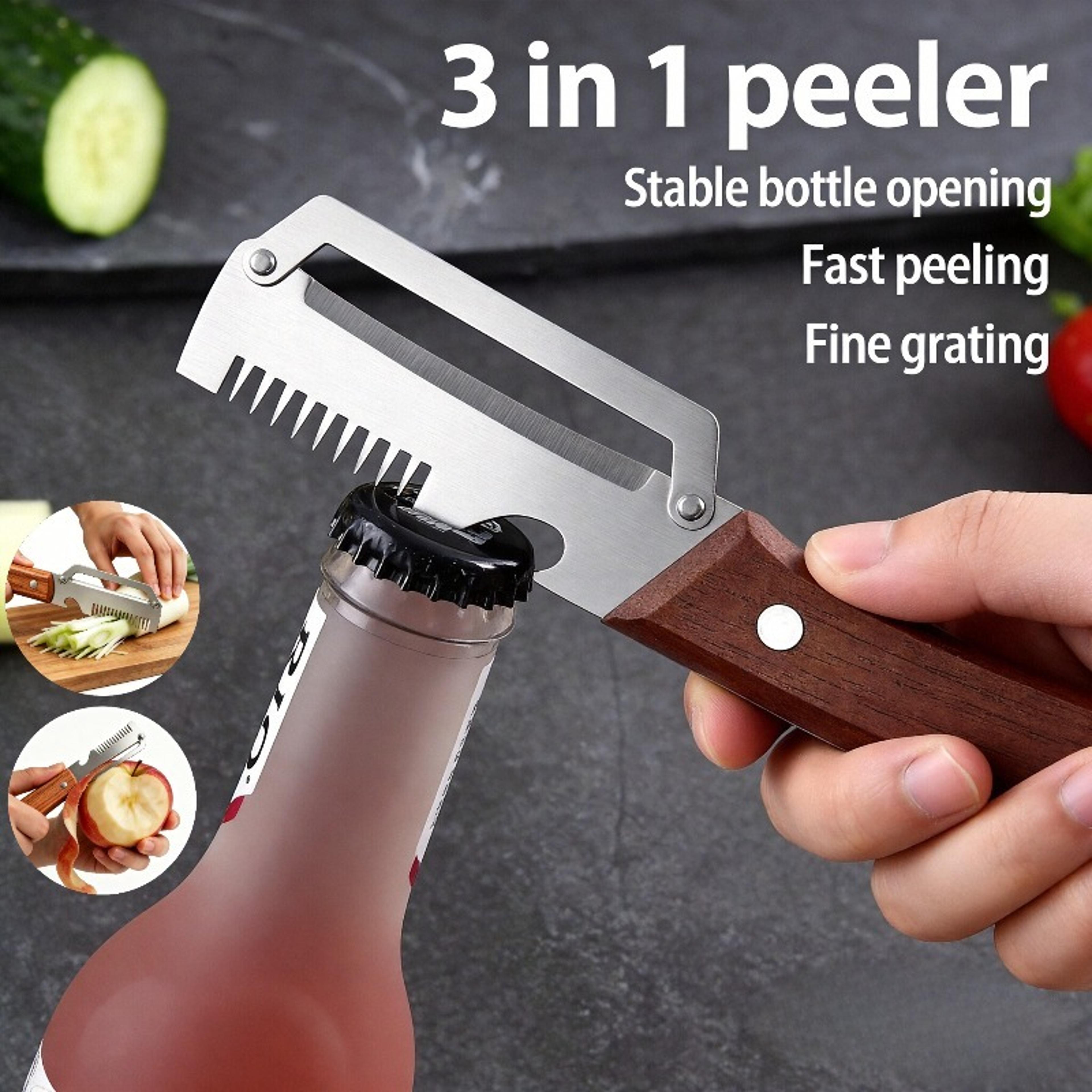 vegetable peeler and grater with stainless steel blade and wooden handle