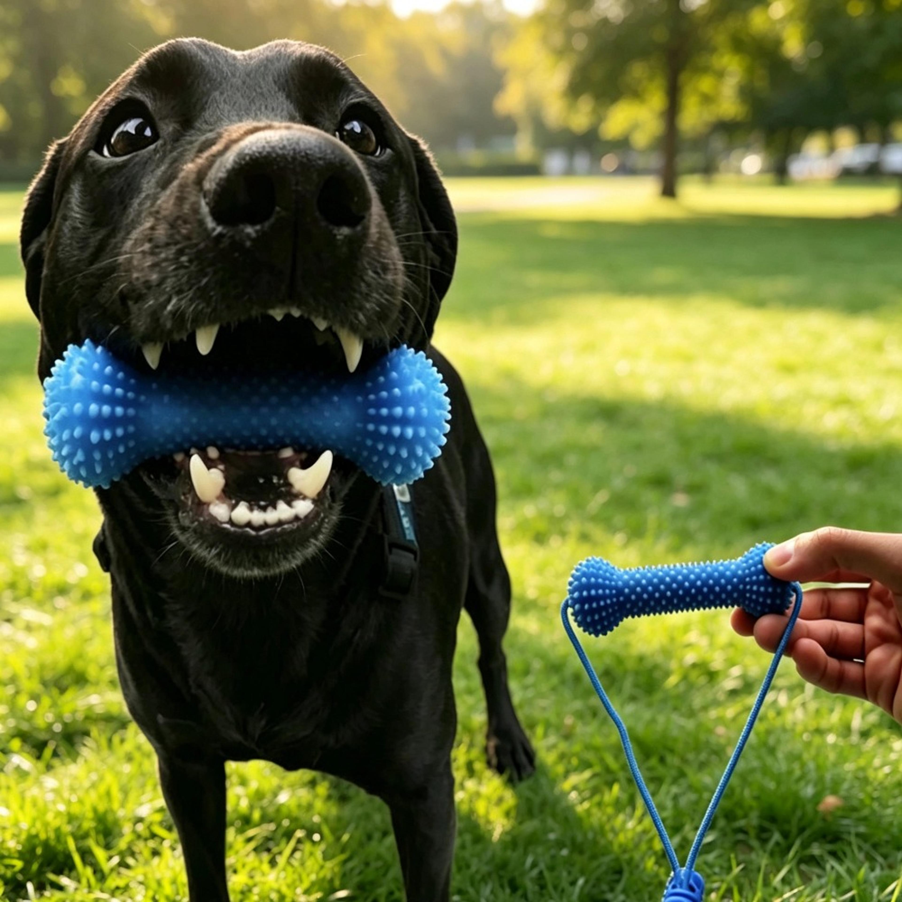 dog chew toy with rope tug and rubber bone for teeth cleaning