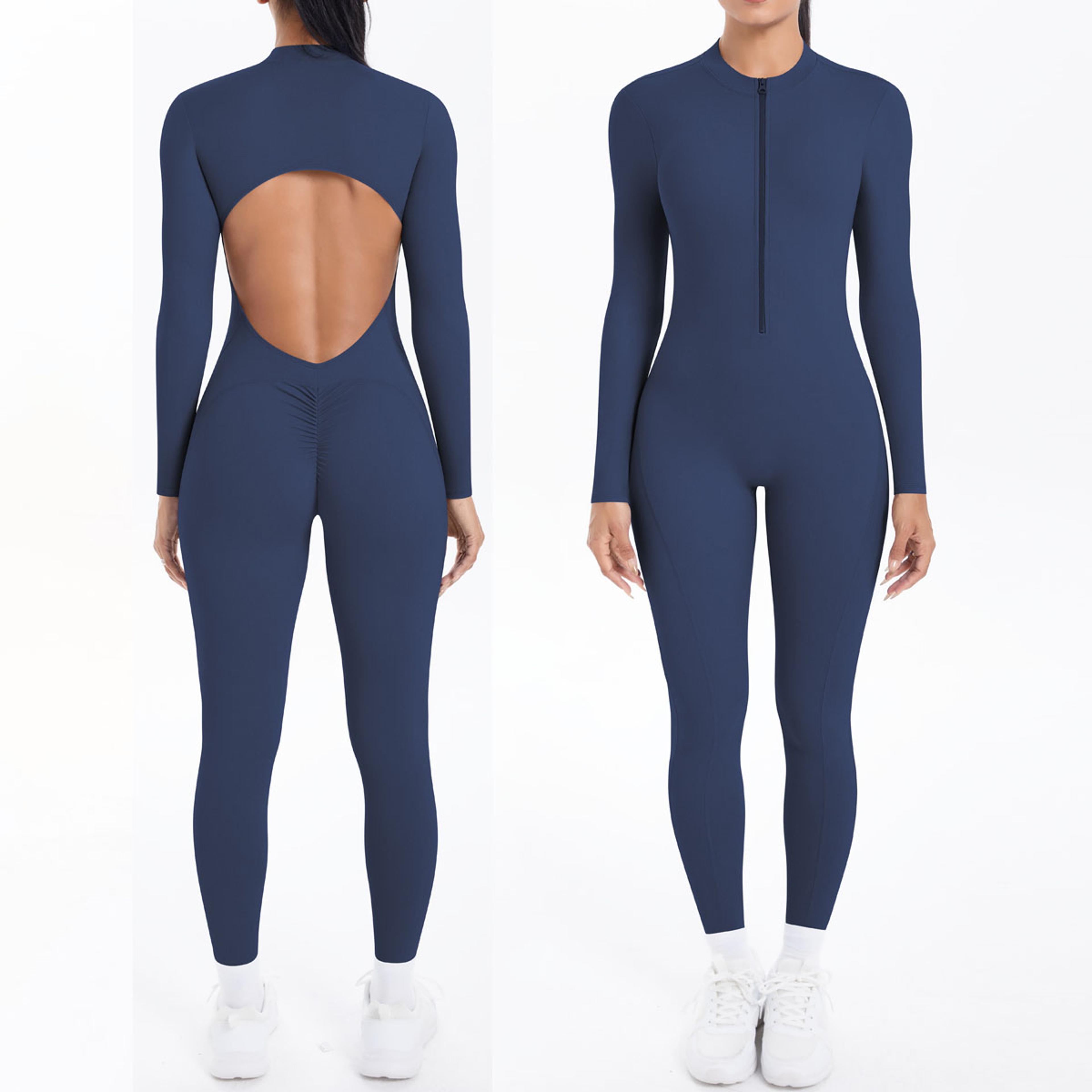 women's backless long sleeve yoga jumpsuit with zipper and quick-dry fabric