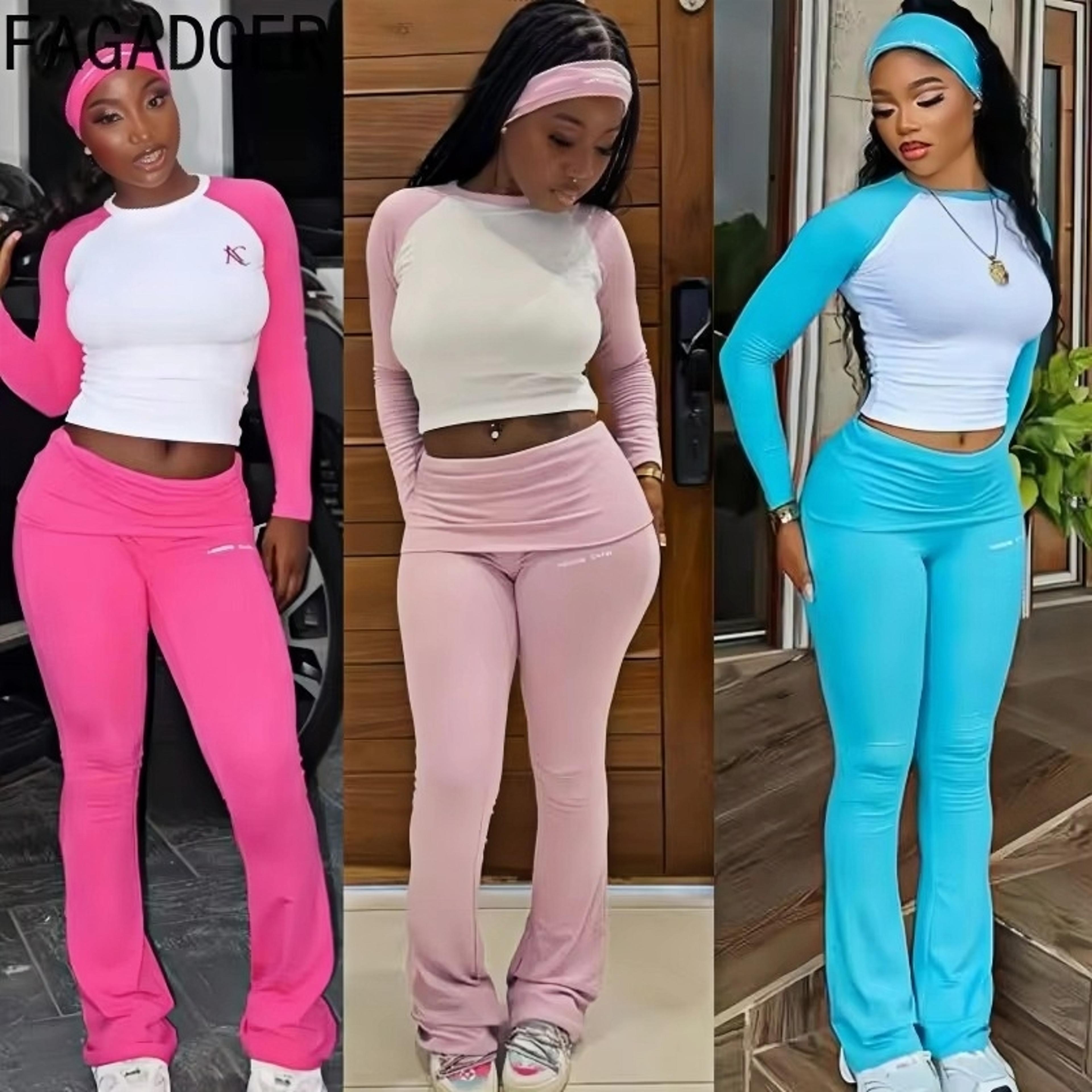 women's two-piece casual outfit with long sleeve top and elastic waist pants