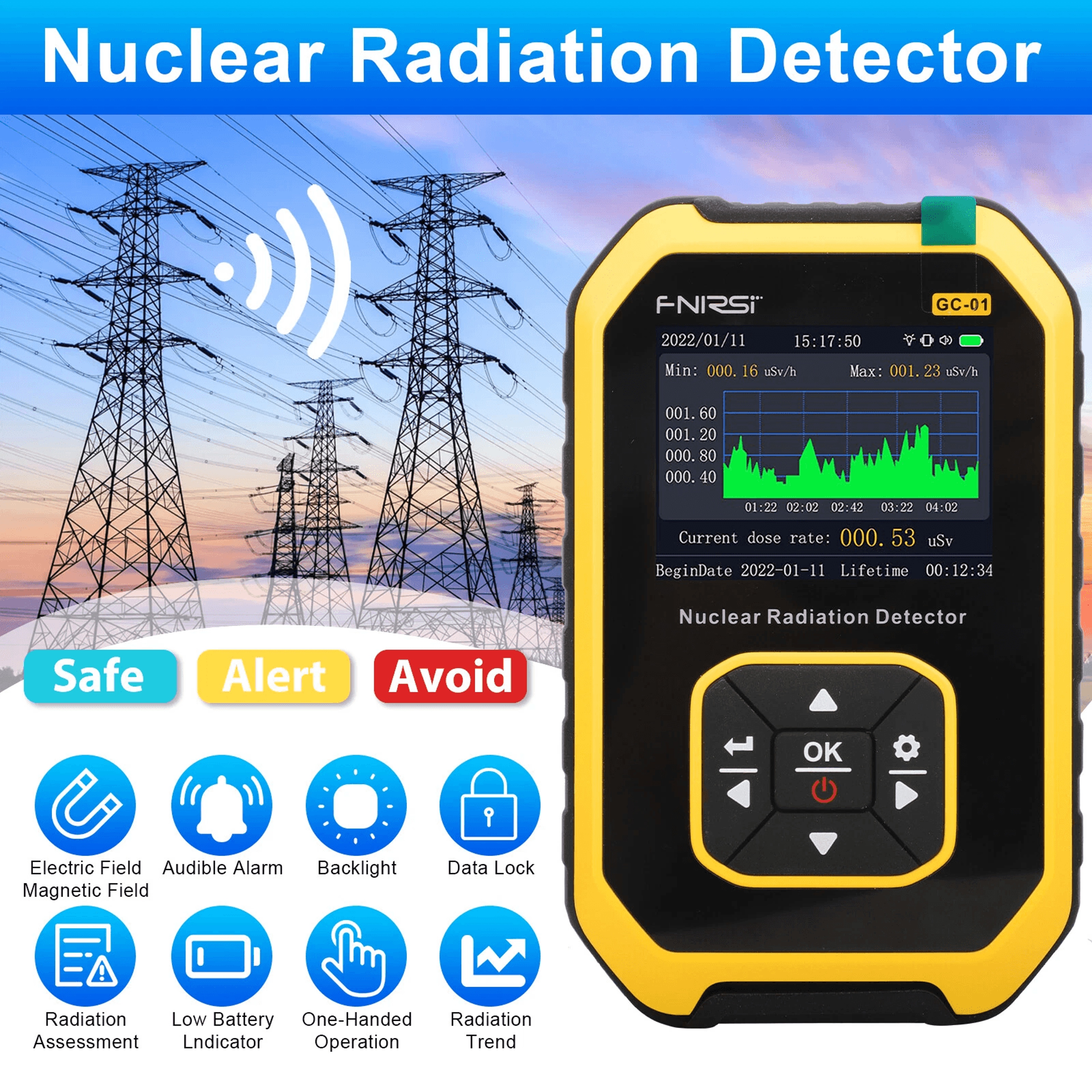 nuclear radiation detector gm geiger counter tube, x-ray, beta, gamma dosimeter monitor with lcd display & alarm