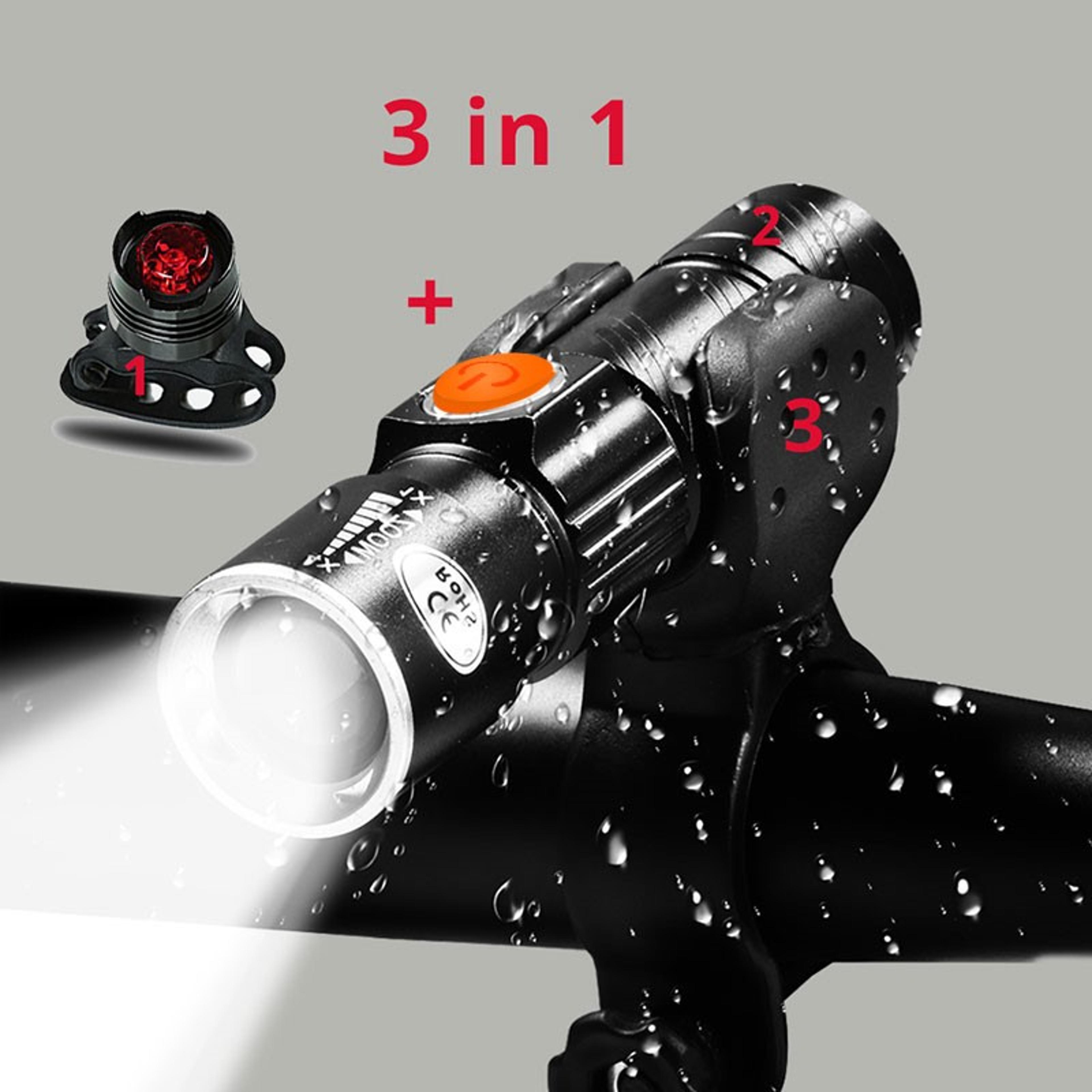 3 in 1 lumen bike bicycle light usb rechargeable led waterproof, super bright zoom headlight, rear cycling light