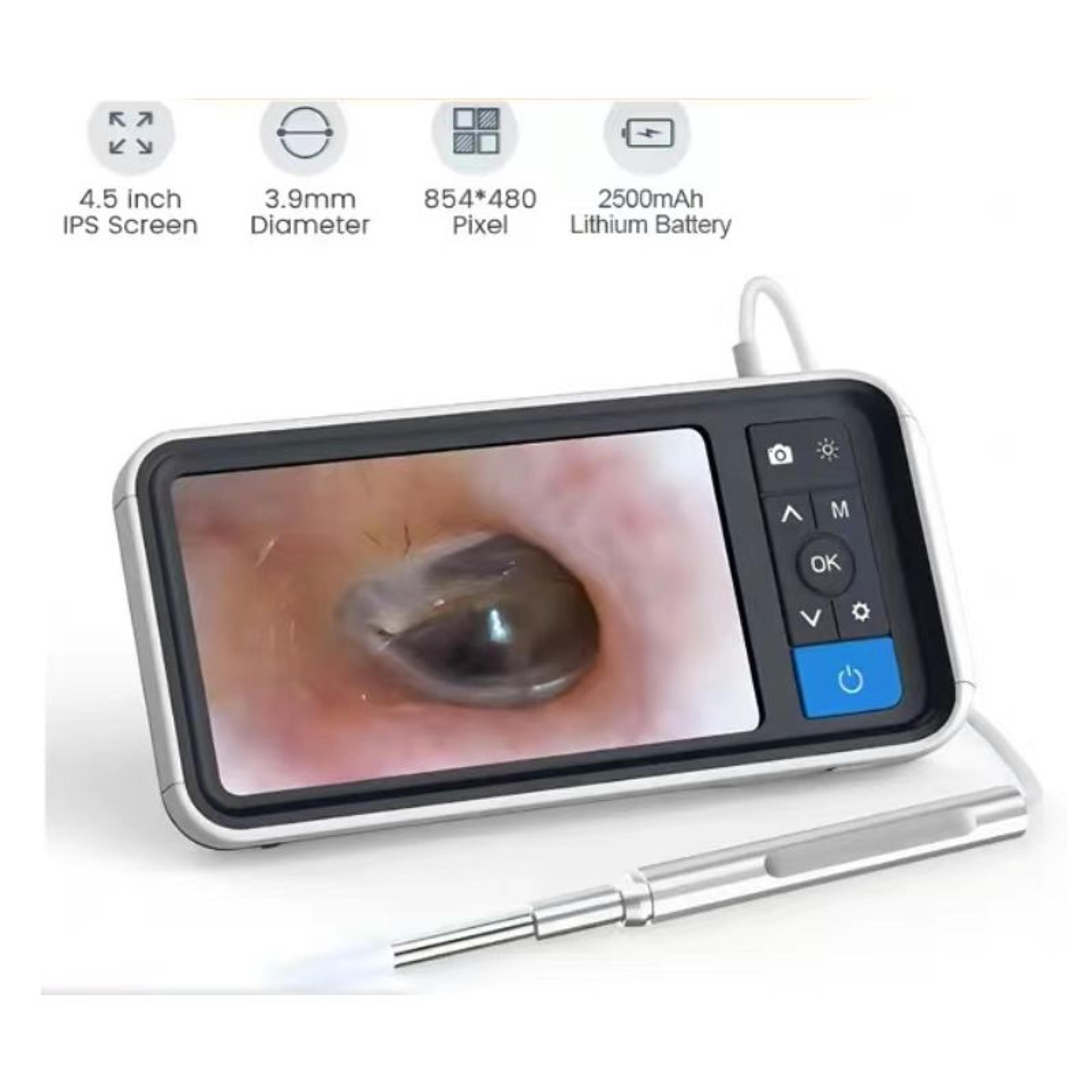 ear camera otoscope with 4.5 inches screen, 3.9mm digital probe with 6 led lights, 32gb card, ear wax removal tool kit