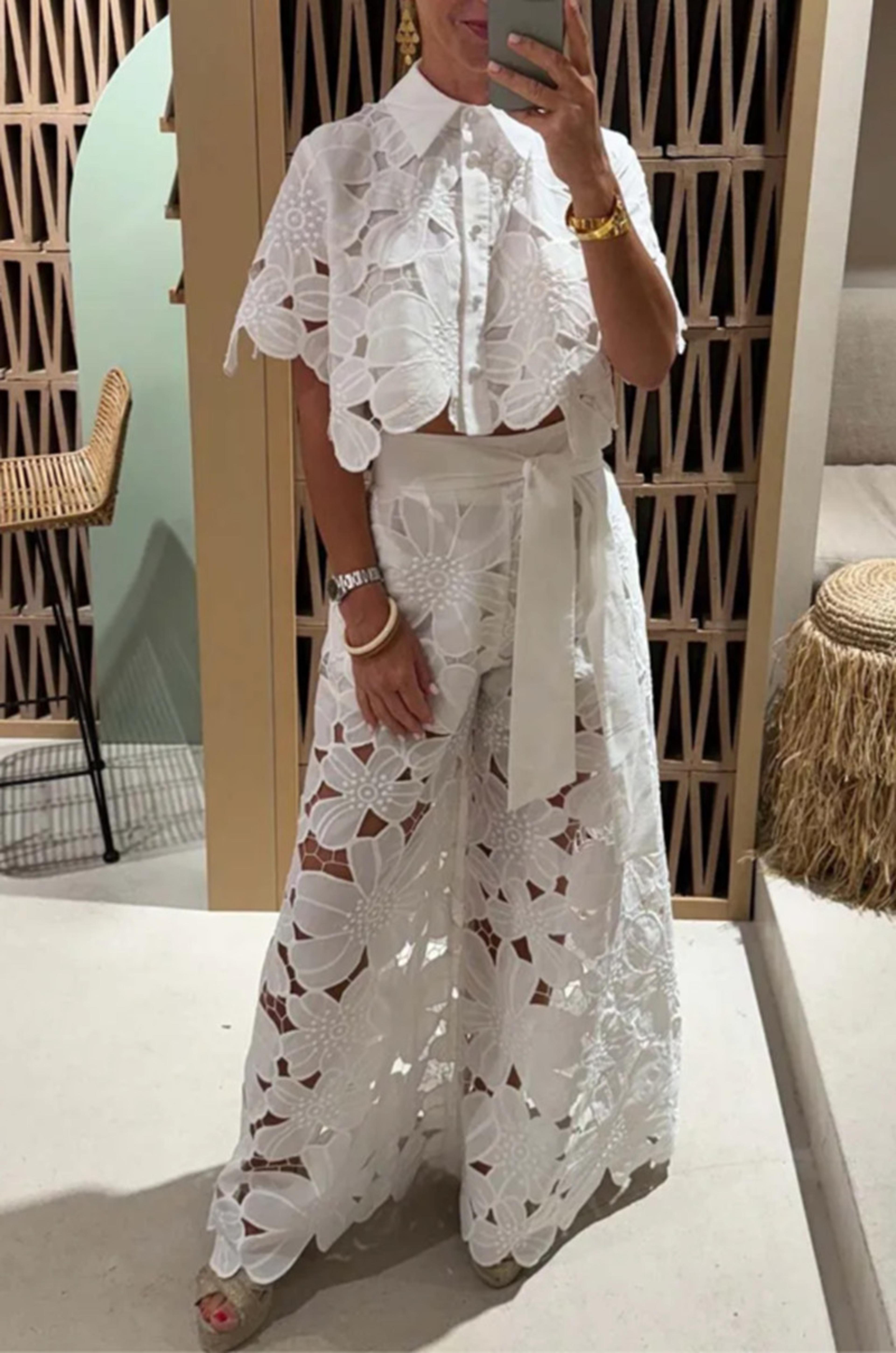 fashionable women's 2-piece outfit, single-breasted shirt & wide-leg pants set | elegant hollow suit for casual wear