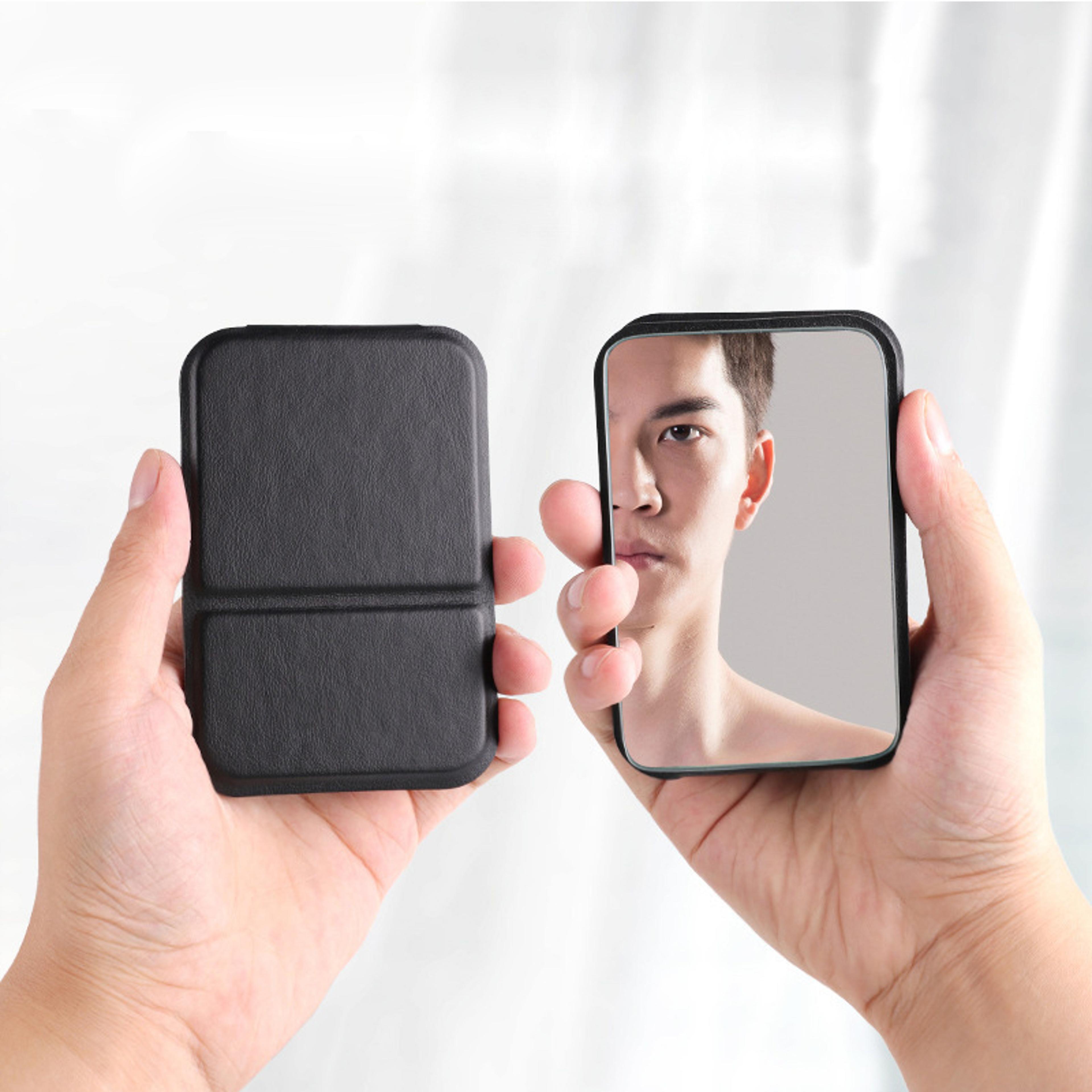 small solid color makeup mirror, mini folding portable mirror for women men, high quality pu leather pocket glass