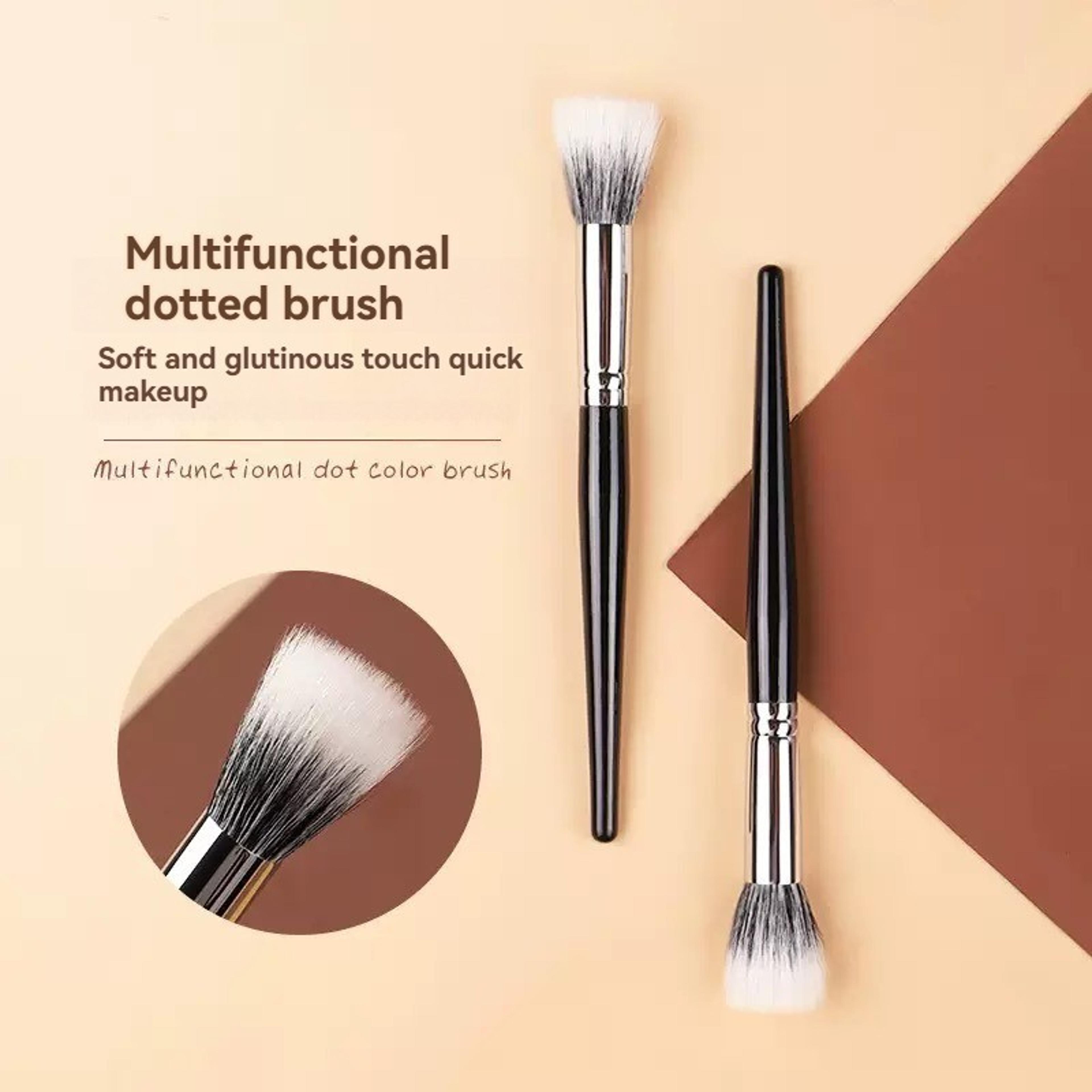 dual-fiber stippling brush, dotting makeup brush for liquid and cream products, easy blending, vegan and cruelty-free