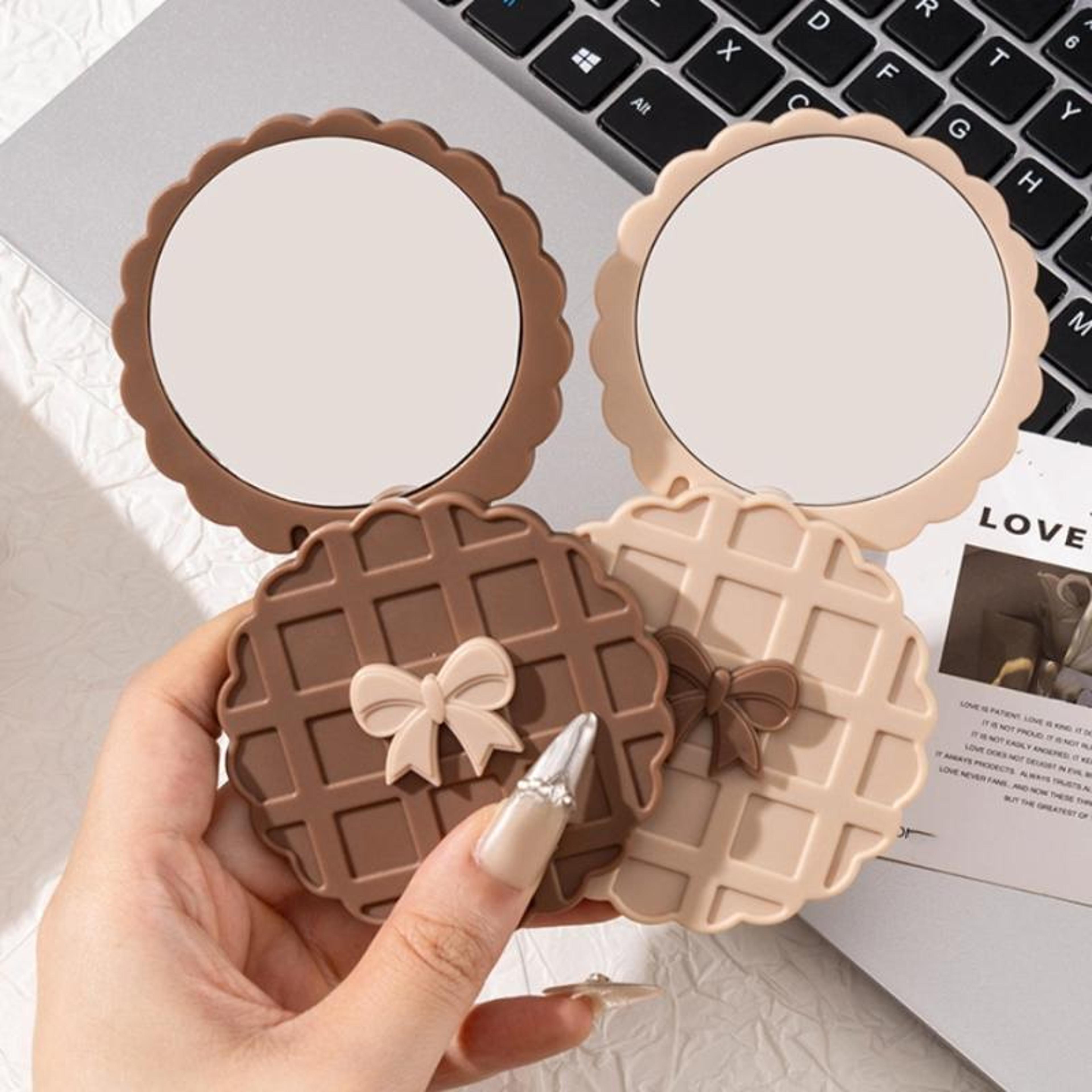 portable waffle shape double-sided makeup mirror, compact pocket handheld, personalized cosmetic party favor gift