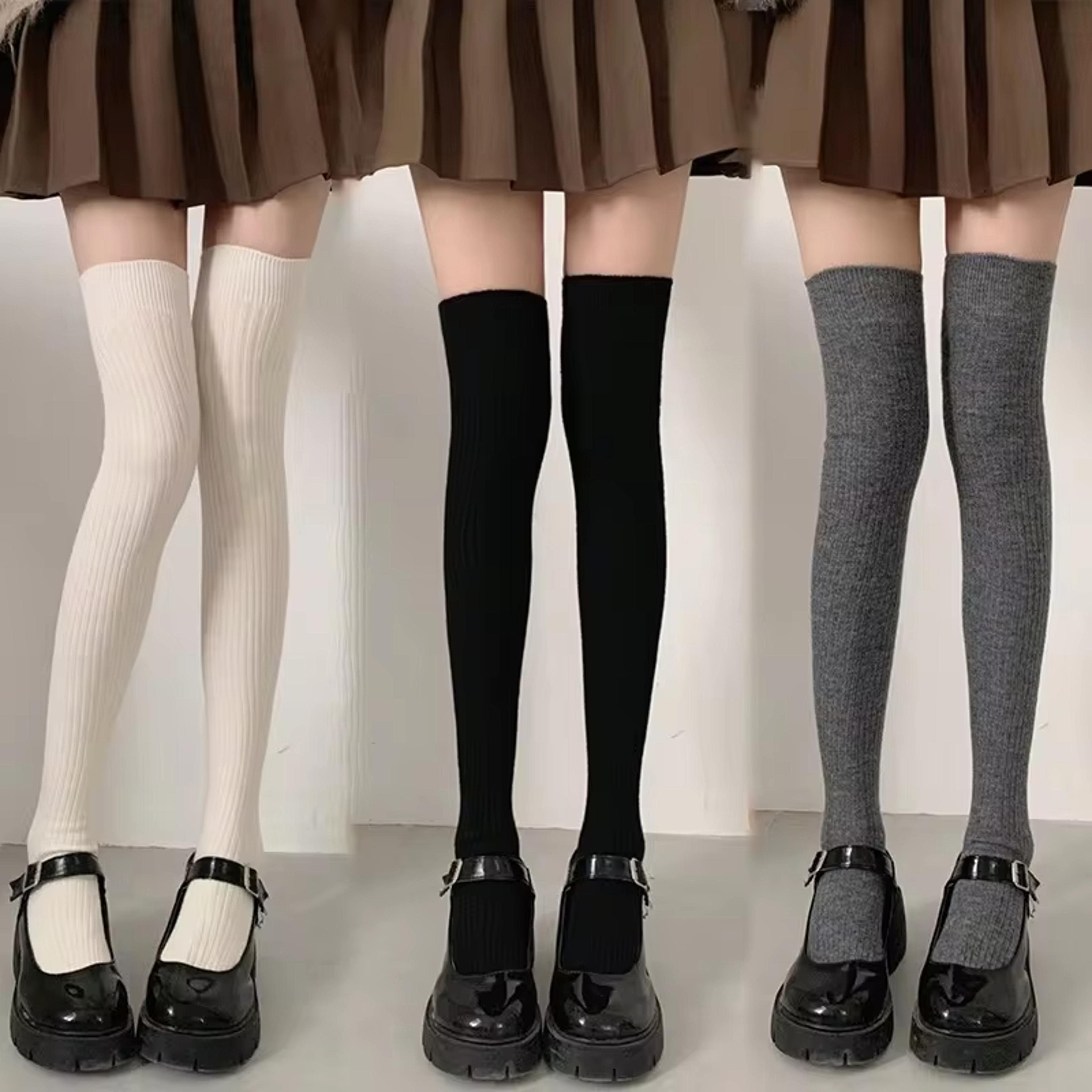 autumn winter womens stockings, lolita long tight socks in black & white, vertical stripes cotton over knee thigh socks