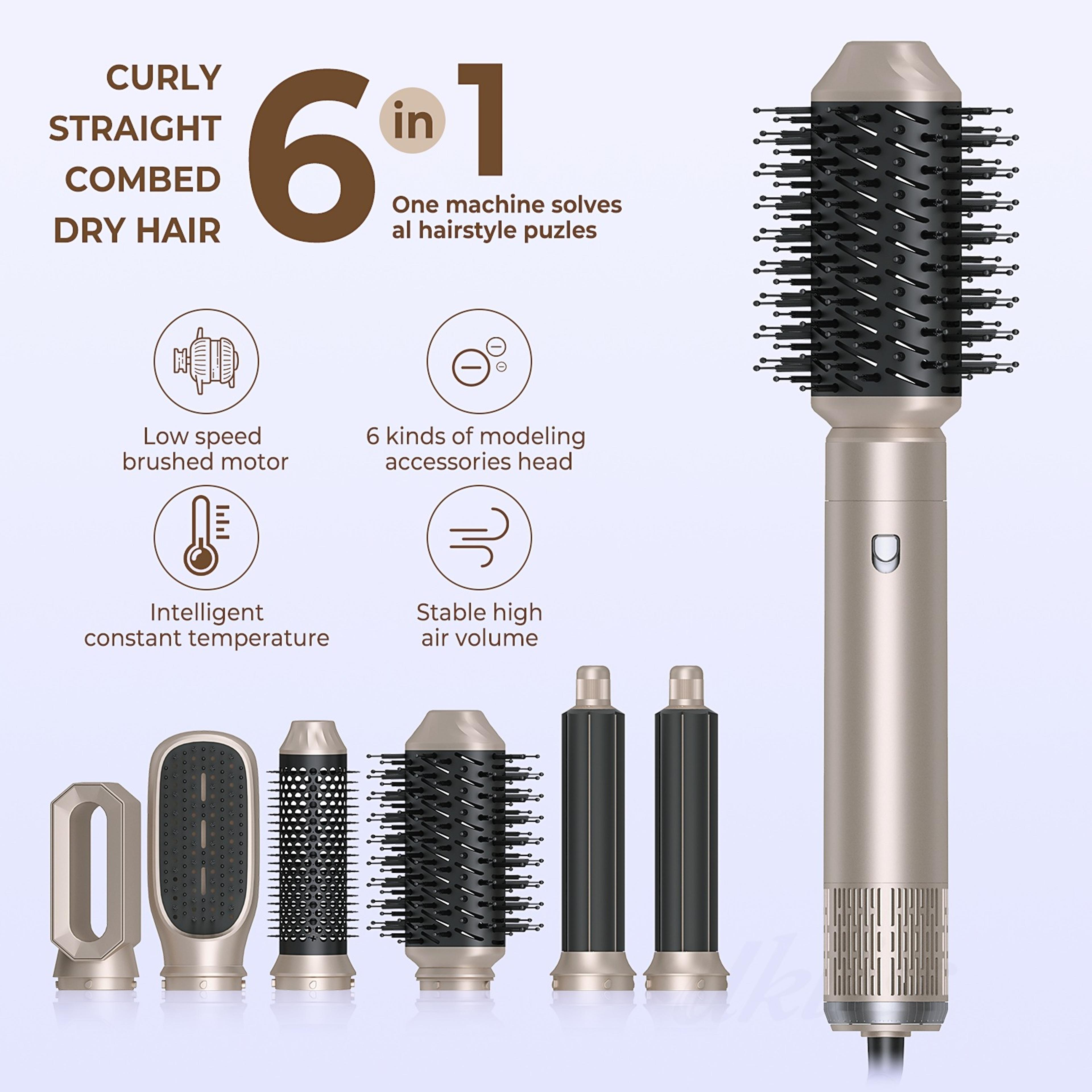 professional 6 in1 hair dryer hot comb set, electric curling iron hair straightener comb, home and salon styling tool