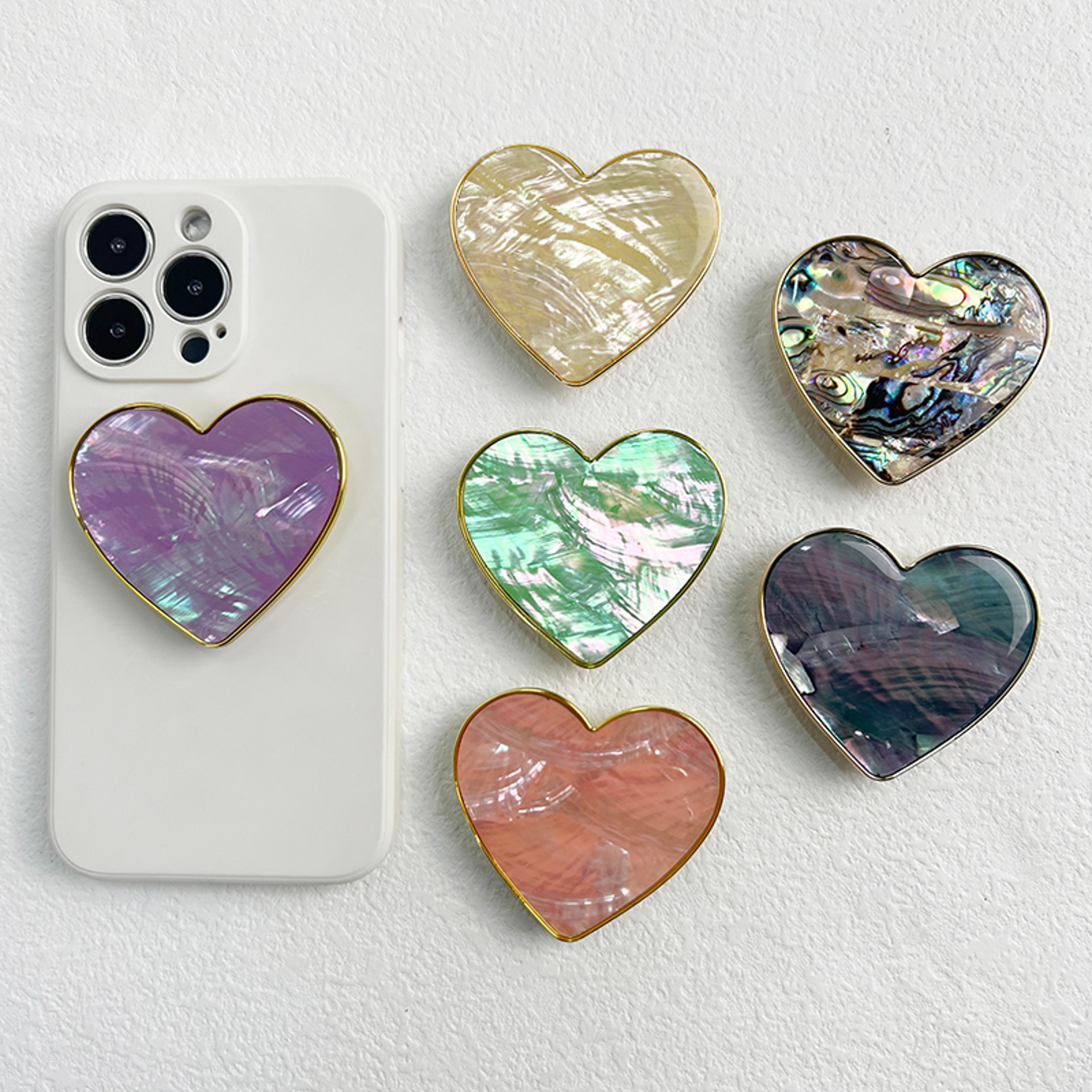 luxury heart shaped shell drop adhesive phone grip, electroplated transparent socket, talk tok mobile grip heart shell