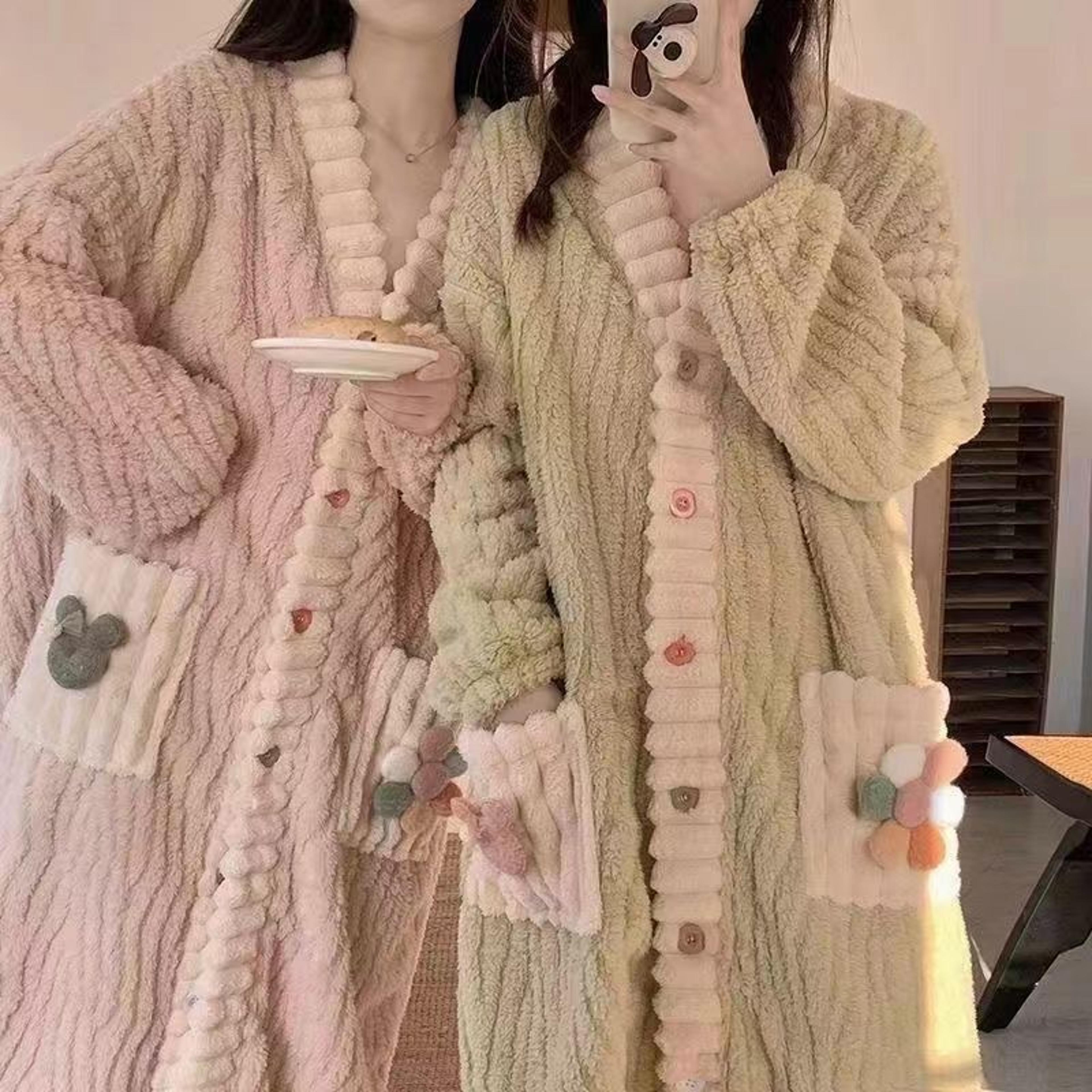 women's flannel pajamas, long sleeve thermal nightgown, plus size warm robe, thickened winter bathrobe with pockets