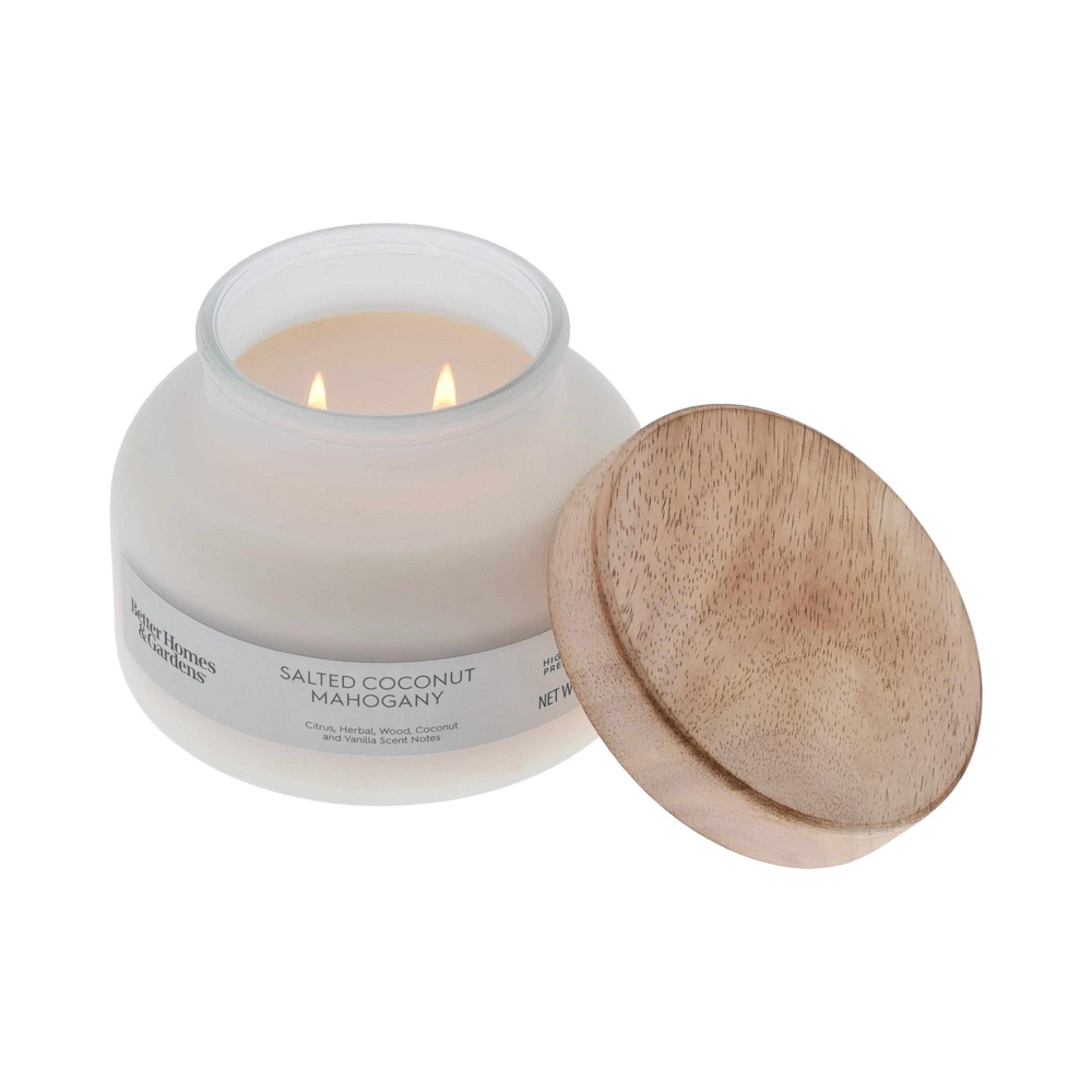 salted coconut mahogany scented candle, 2 wick frosted jar, herbal citrus vanilla notes, long burn time