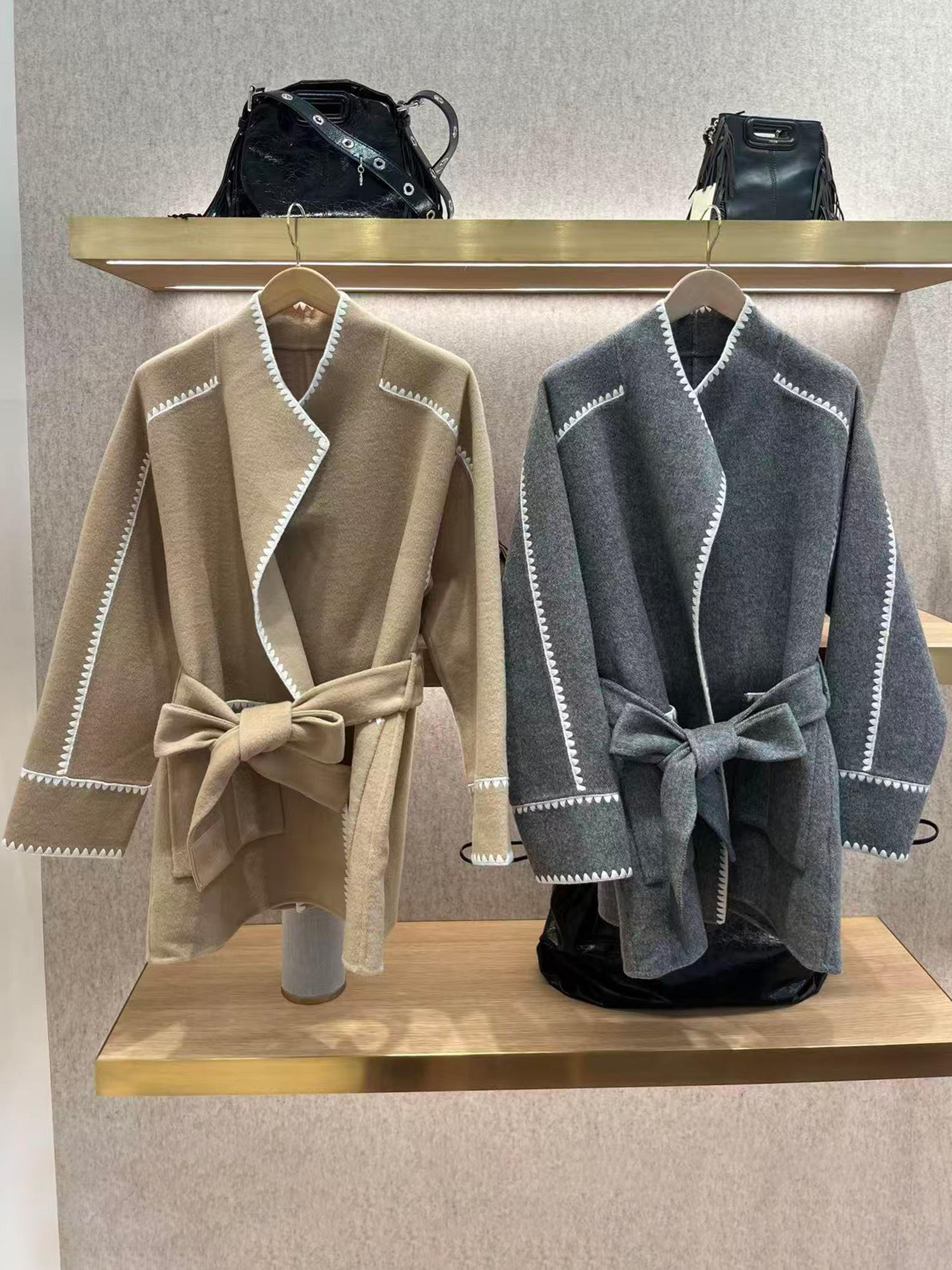womens french style wool blend coat, belted long cardigan, autumn winter outerwear, loose fit trench